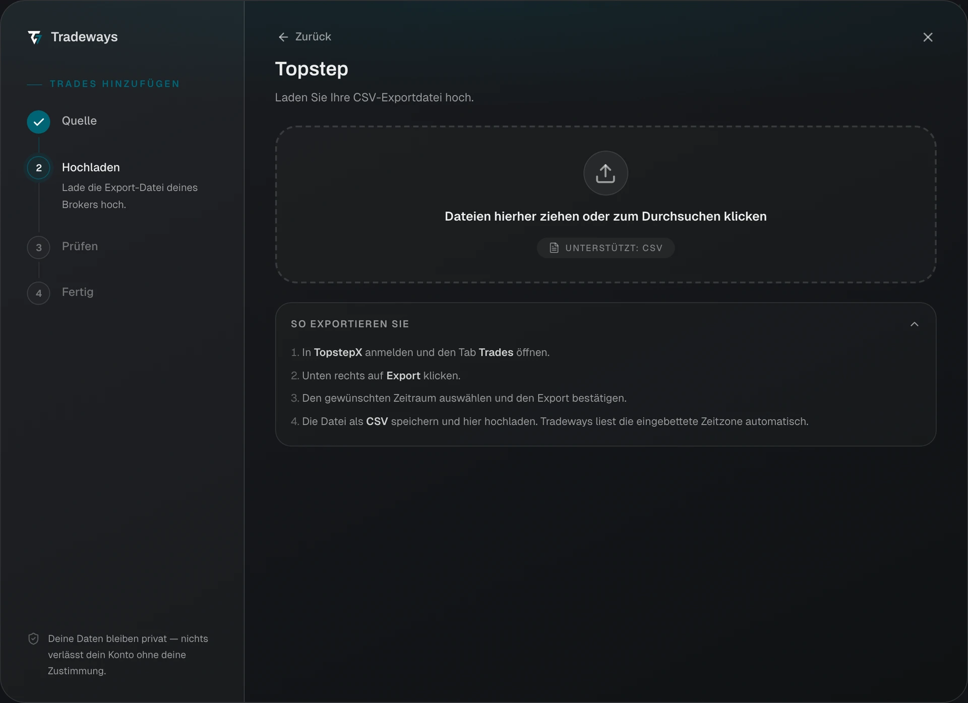 Import dialog with Topstep selected
