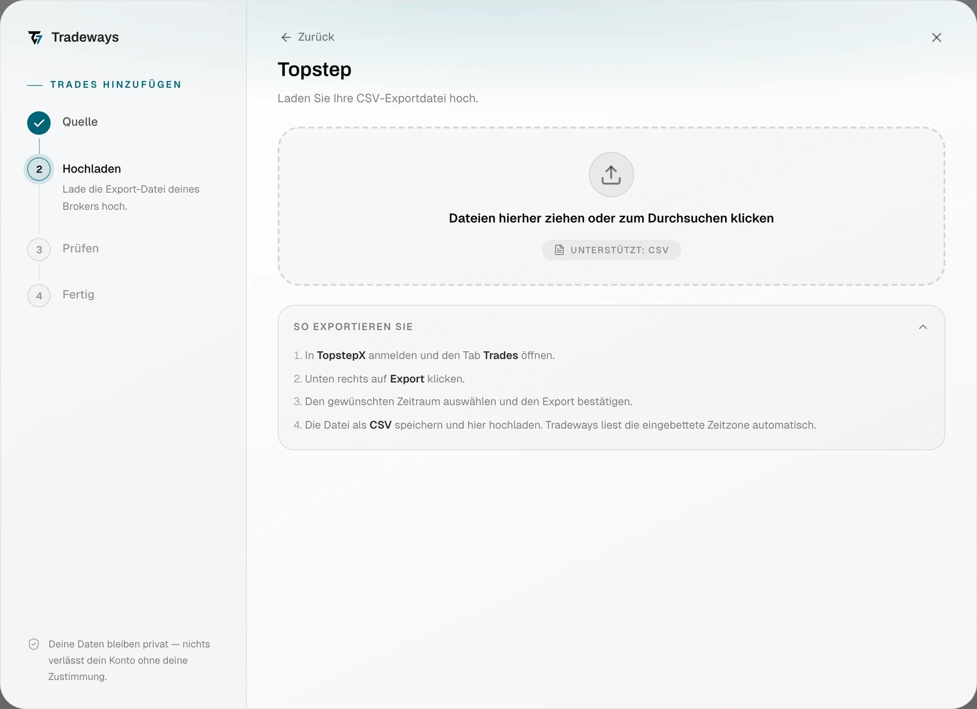 Import dialog with Topstep selected