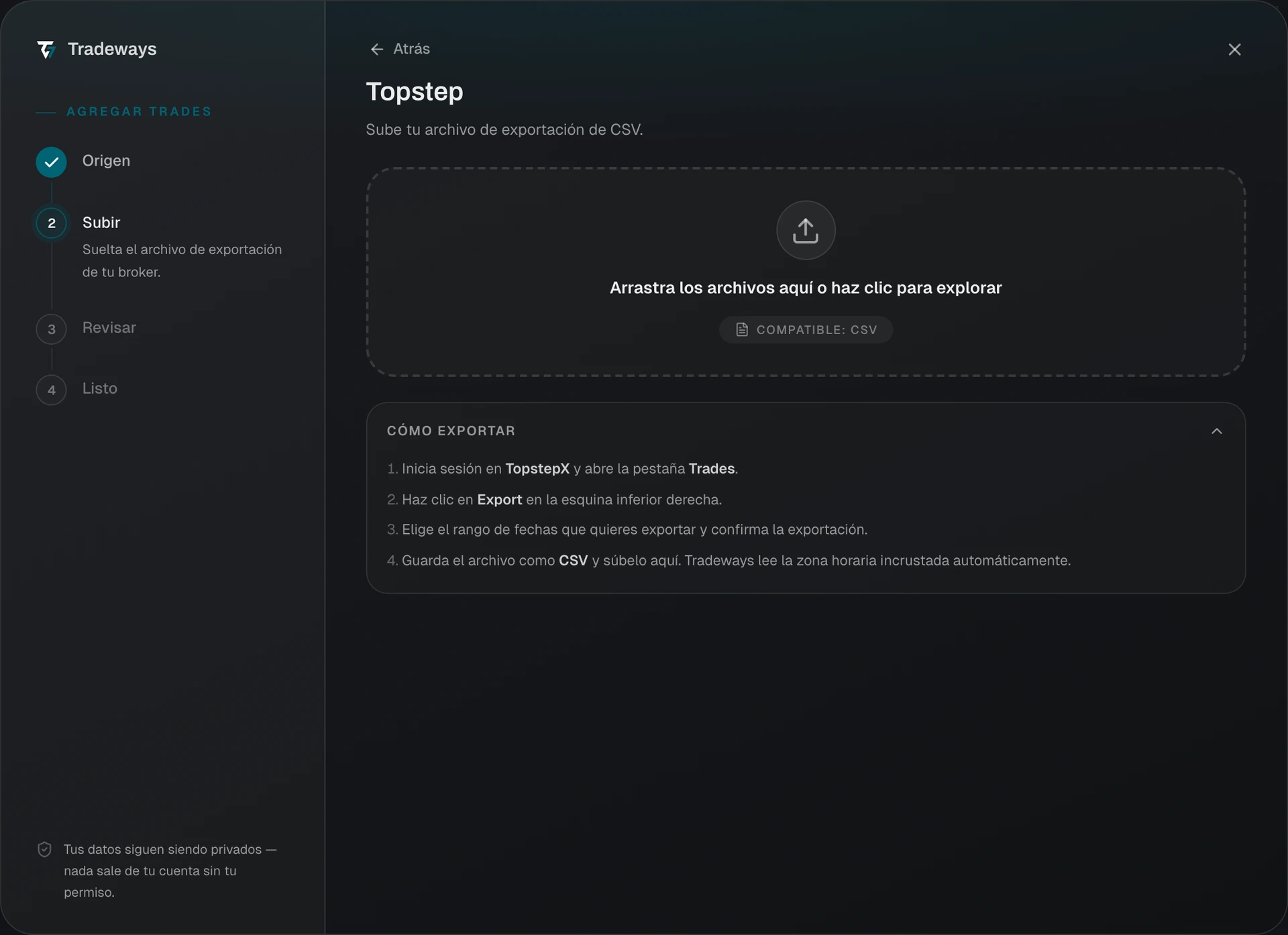Import dialog with Topstep selected