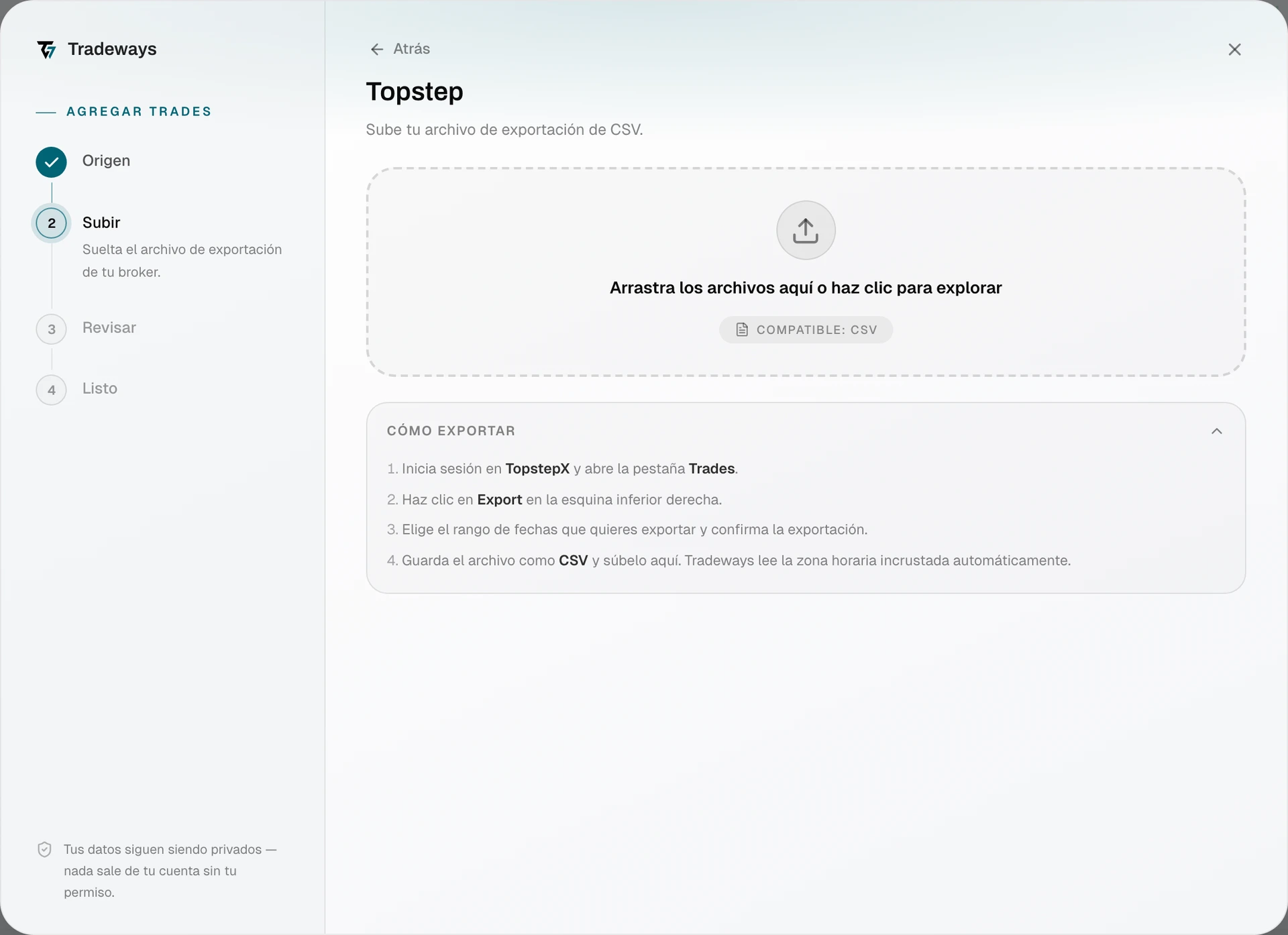 Import dialog with Topstep selected