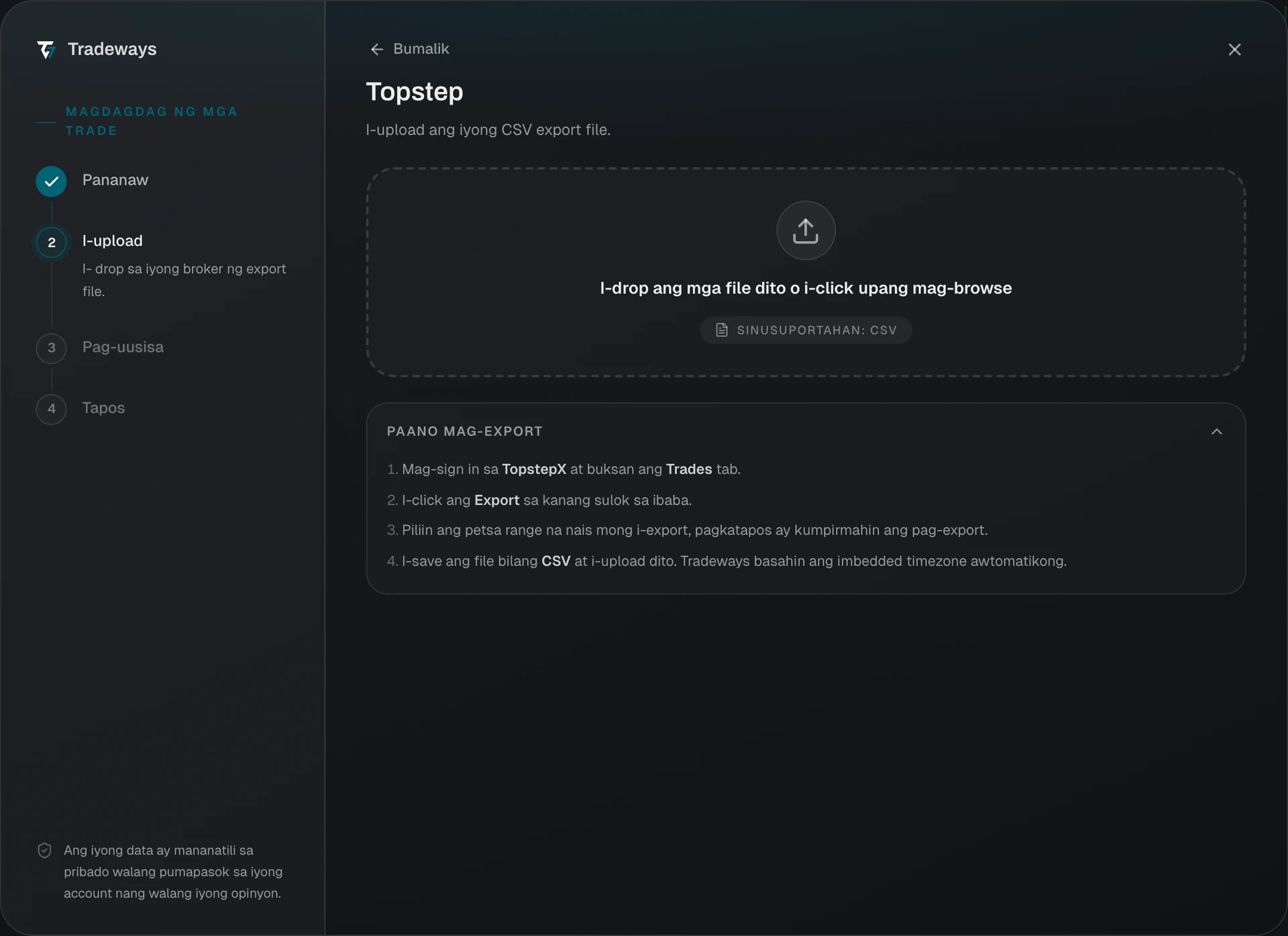 Import dialog with Topstep selected