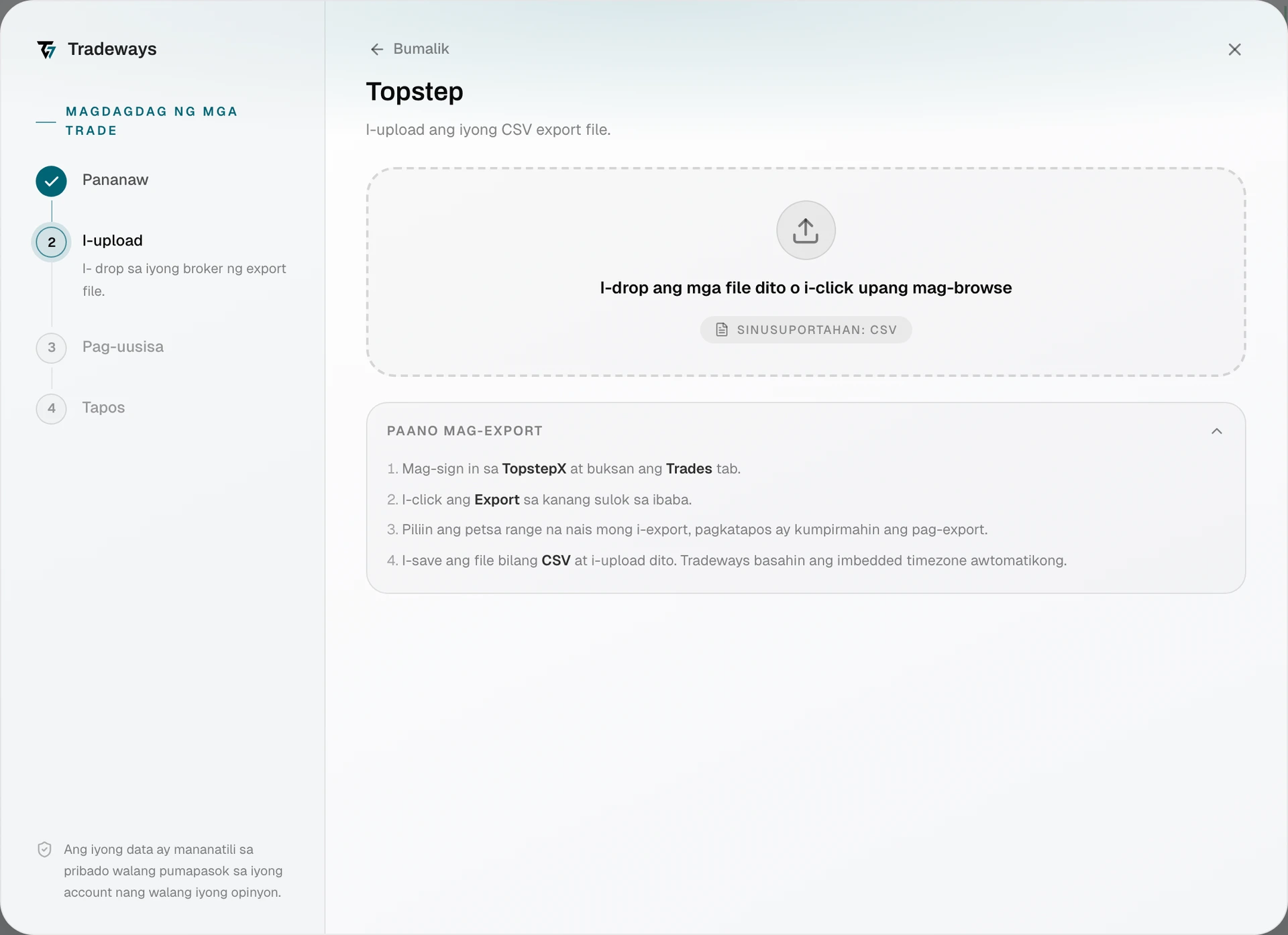 Import dialog with Topstep selected