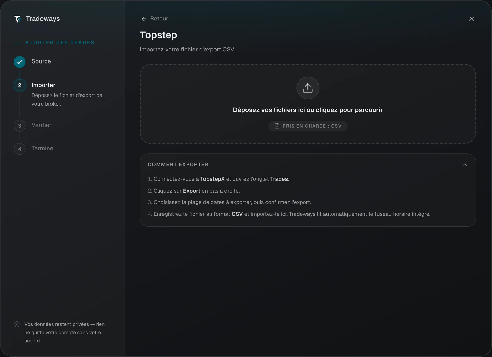 Import dialog with Topstep selected