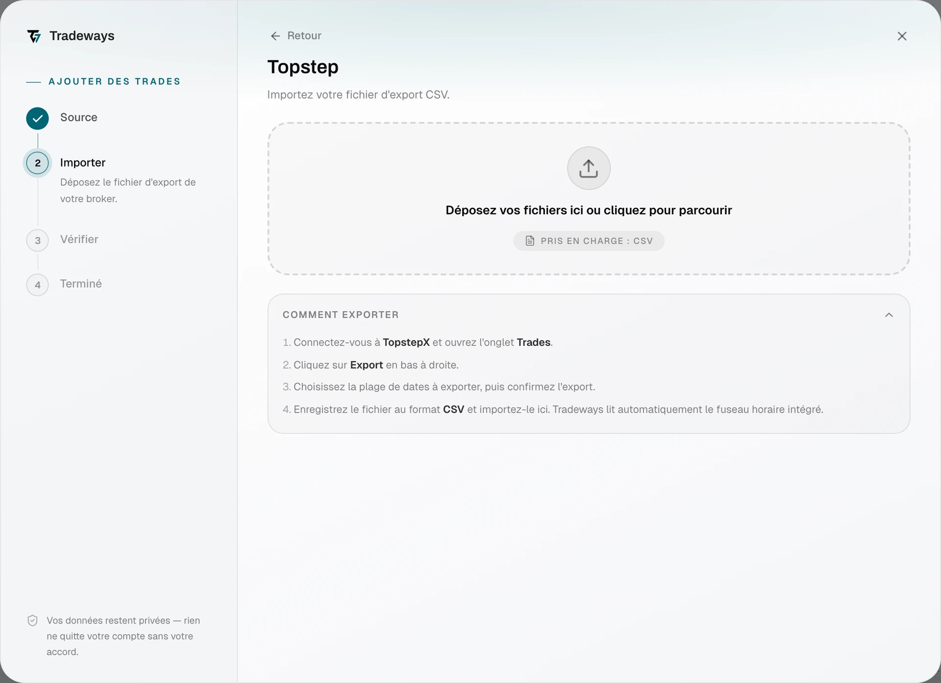 Import dialog with Topstep selected