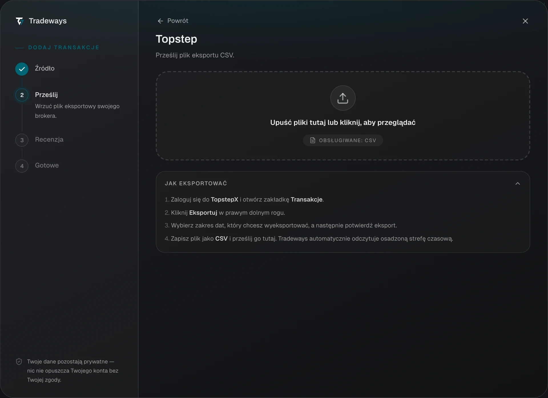 Import dialog with Topstep selected