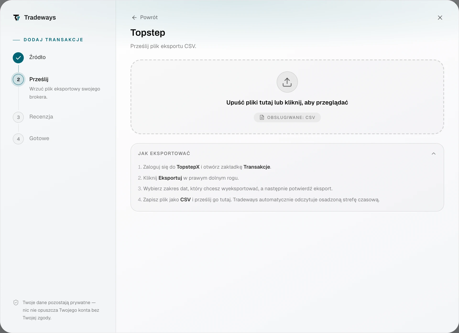 Import dialog with Topstep selected