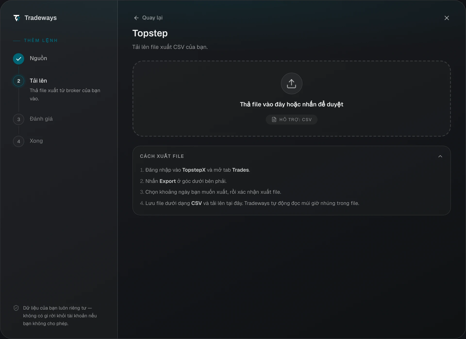 Import dialog with Topstep selected