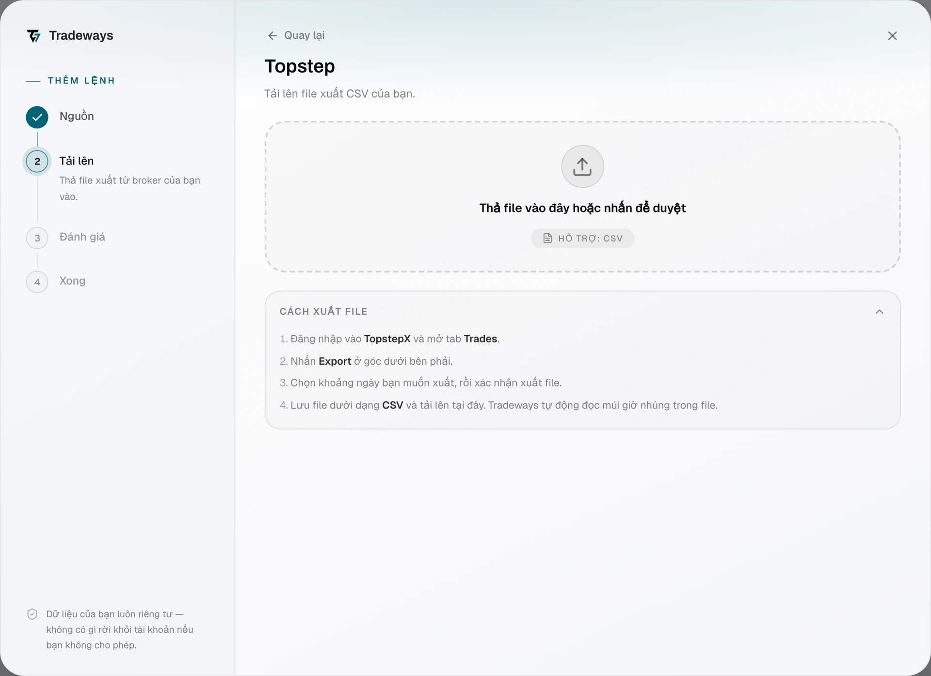 Import dialog with Topstep selected