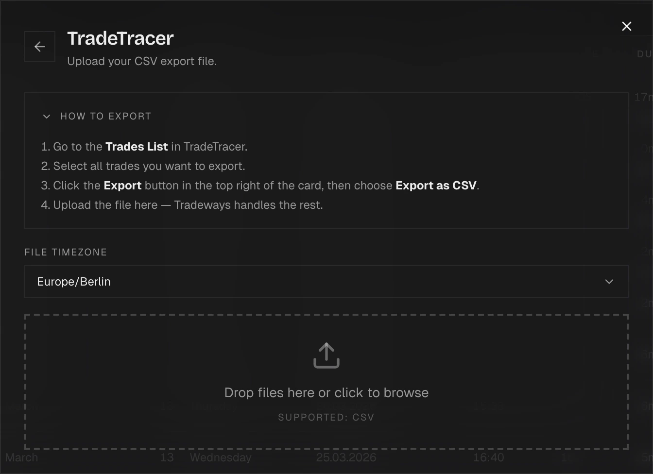 Import dialog with TradeTracer selected