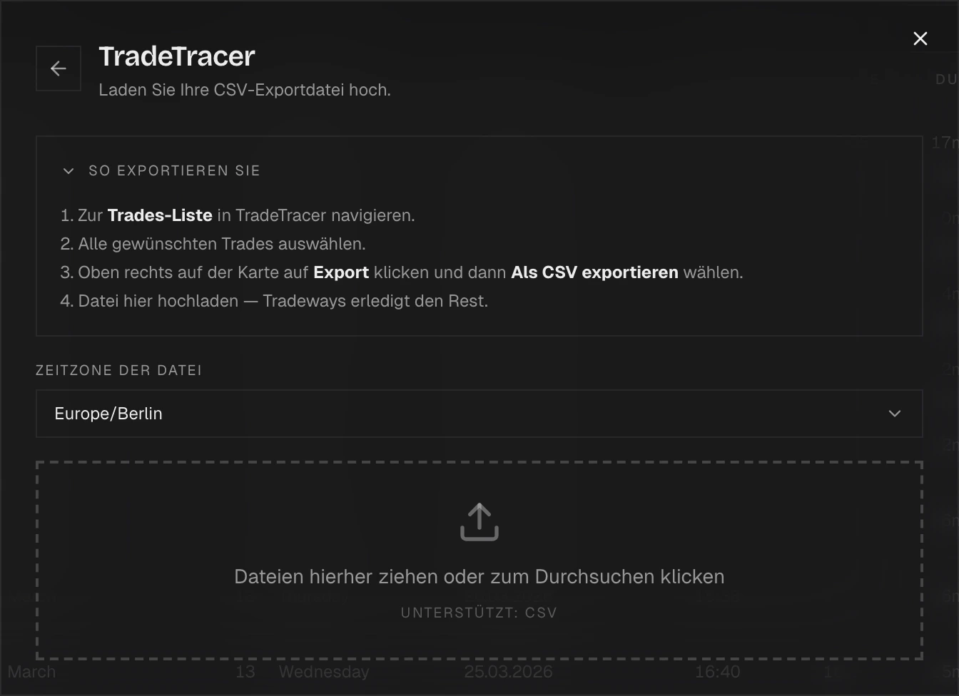 Import-Dialog mit TradeTracer ausgewählt
