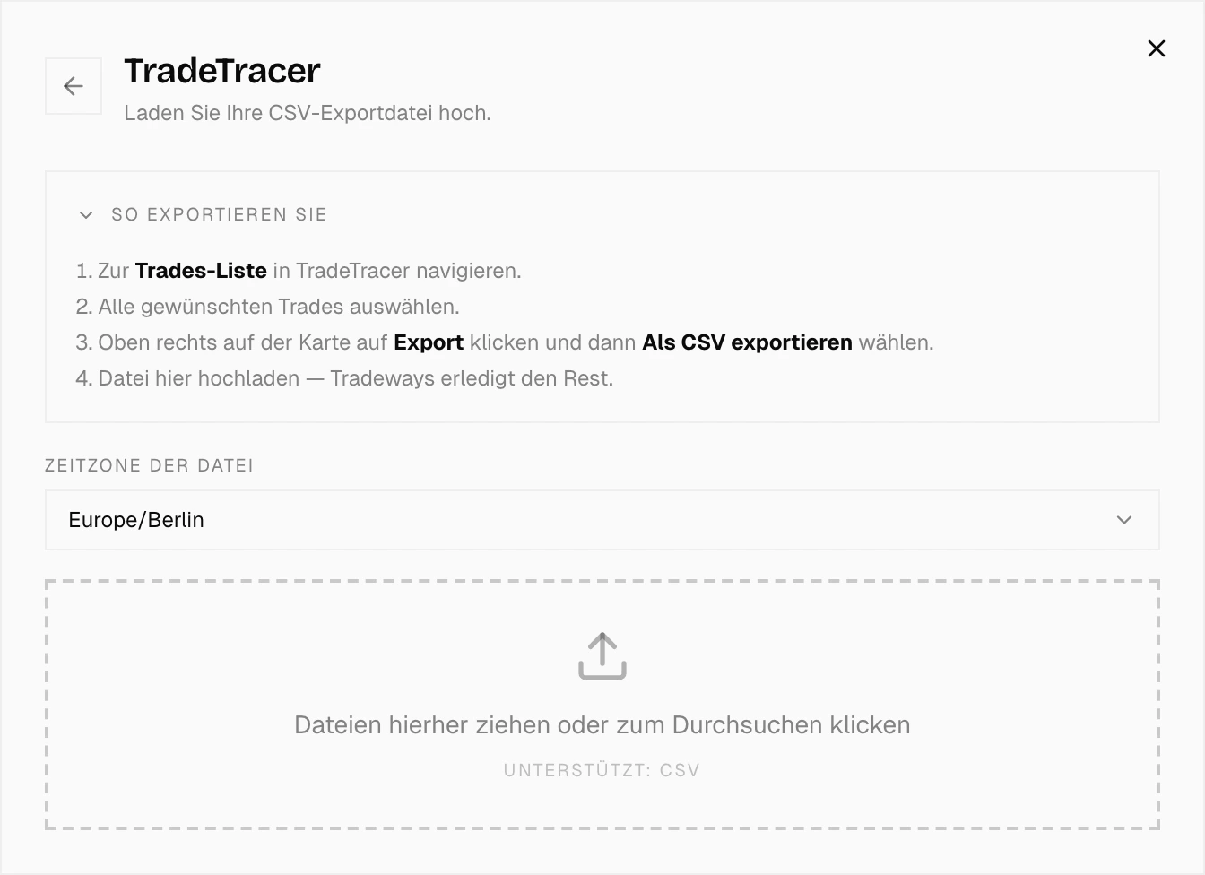 Import-Dialog mit TradeTracer ausgewählt