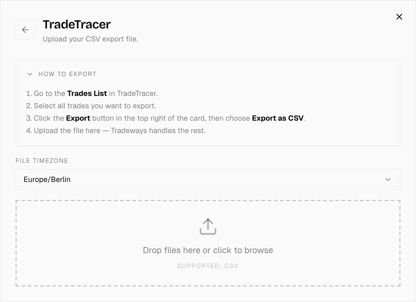 Import dialog with TradeTracer selected