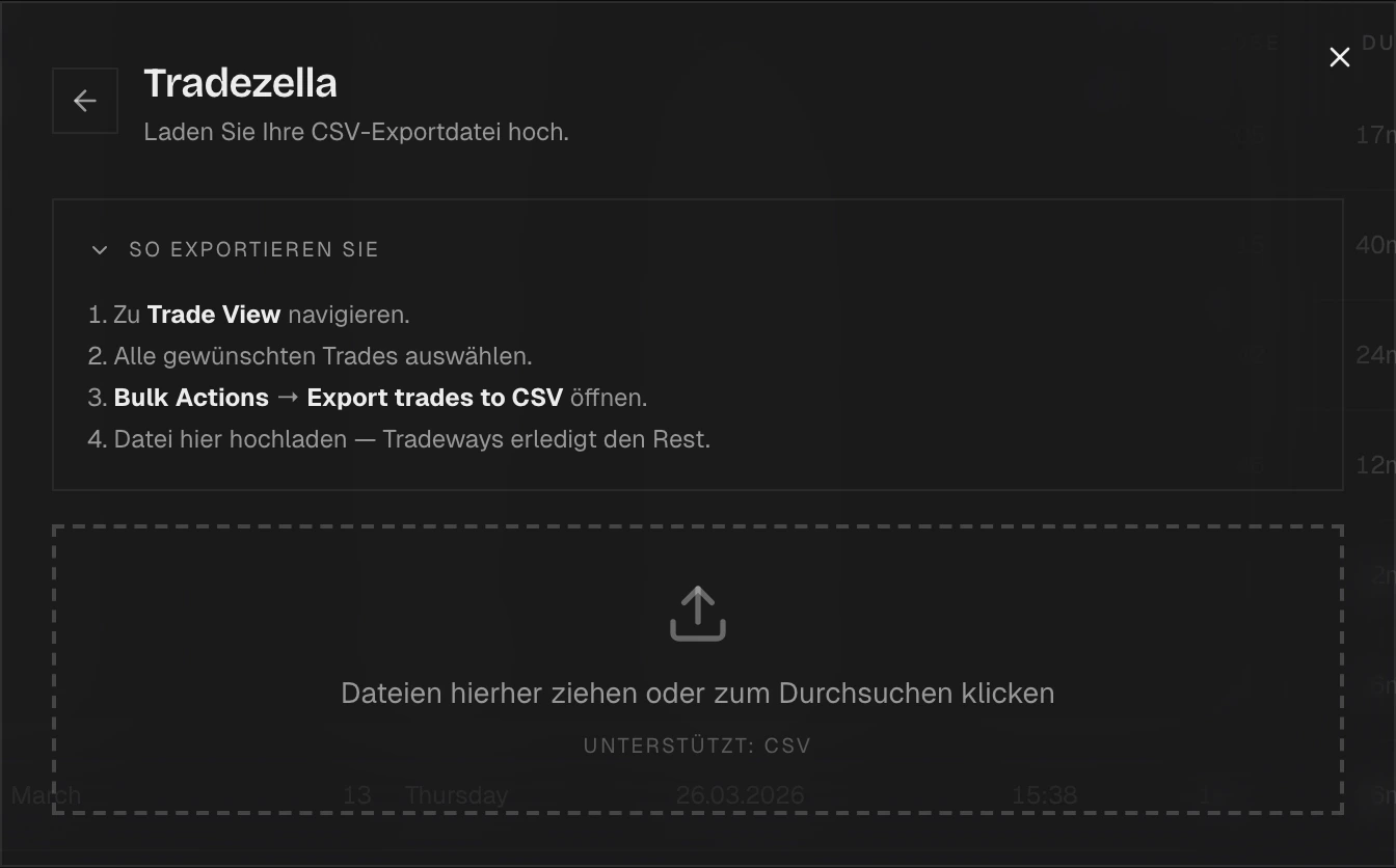 Import-Dialog mit Tradezella ausgewählt