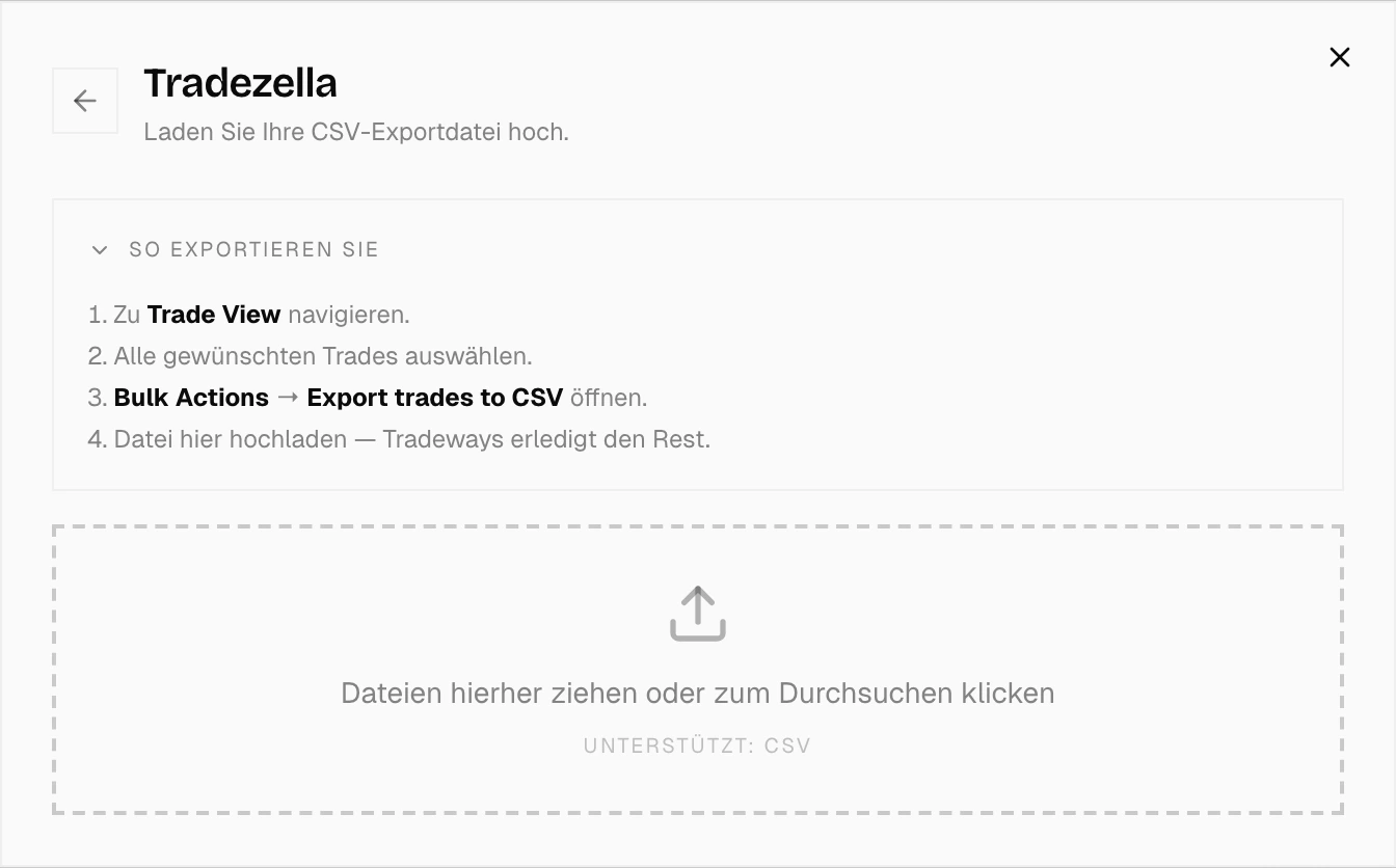 Import-Dialog mit Tradezella ausgewählt