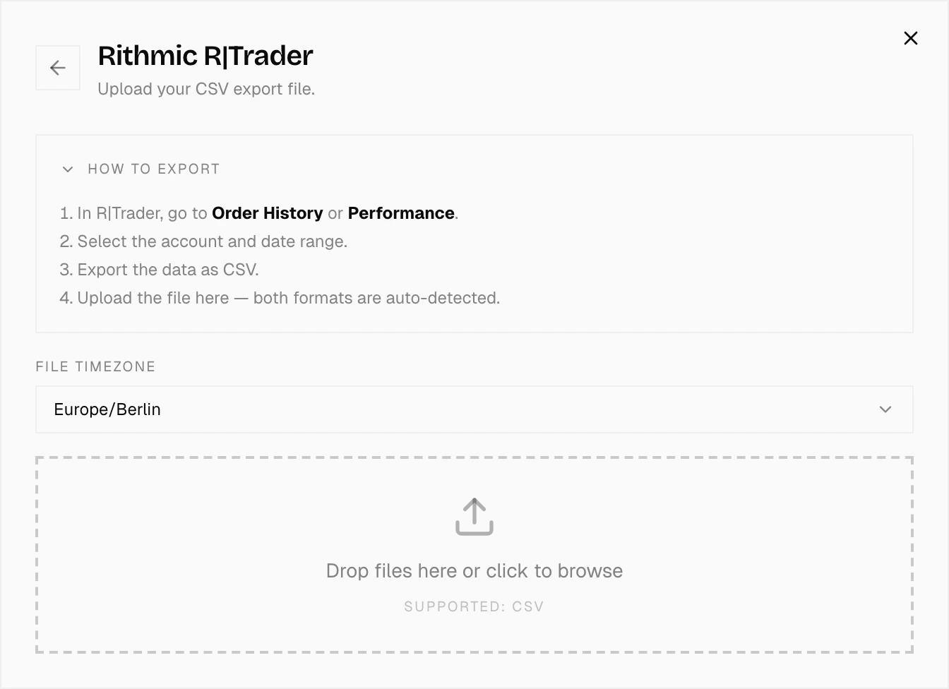 Import dialog with Tradezella selected