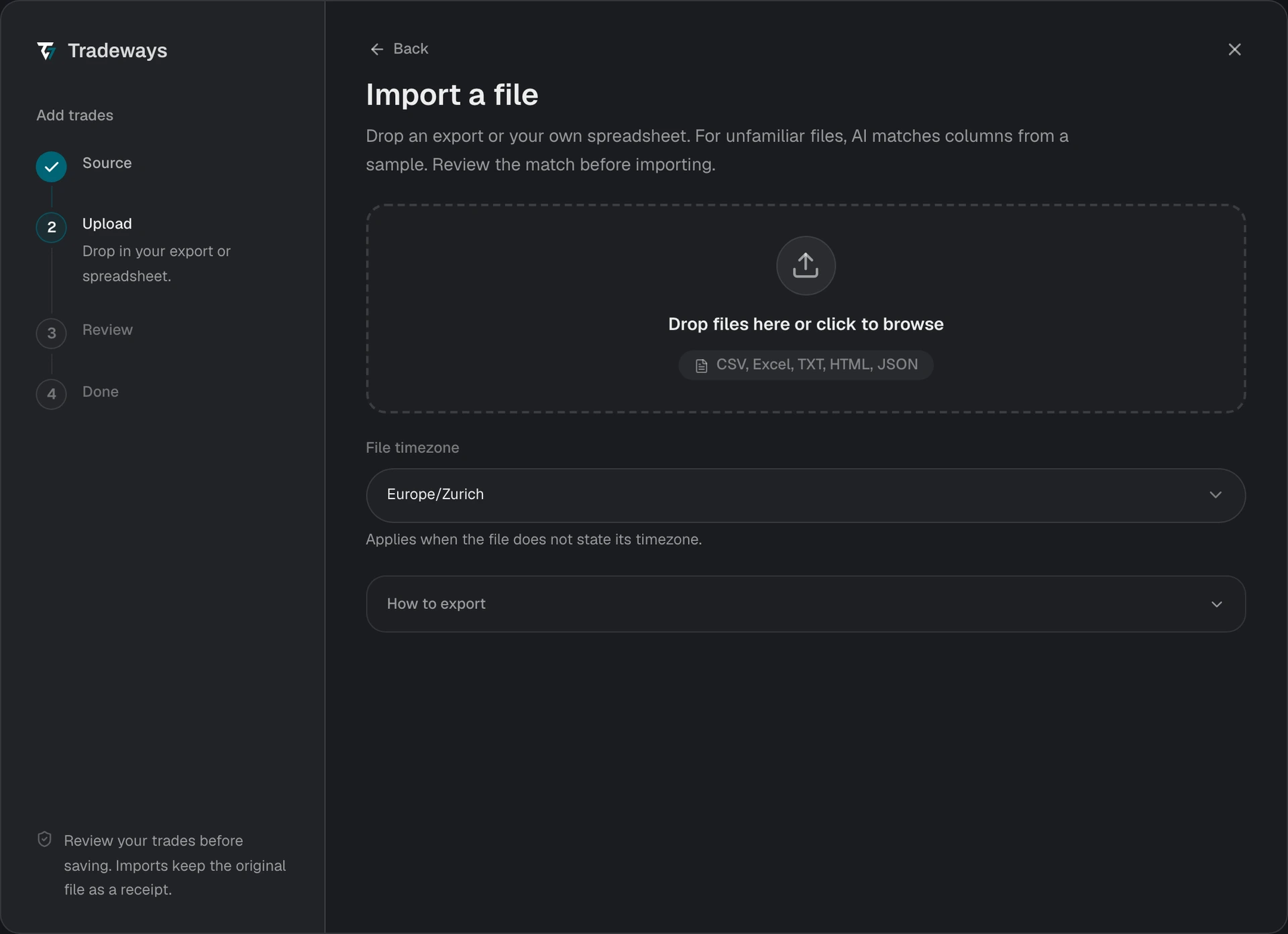 Upload step with the file drop area, the file timezone, and the export instructions