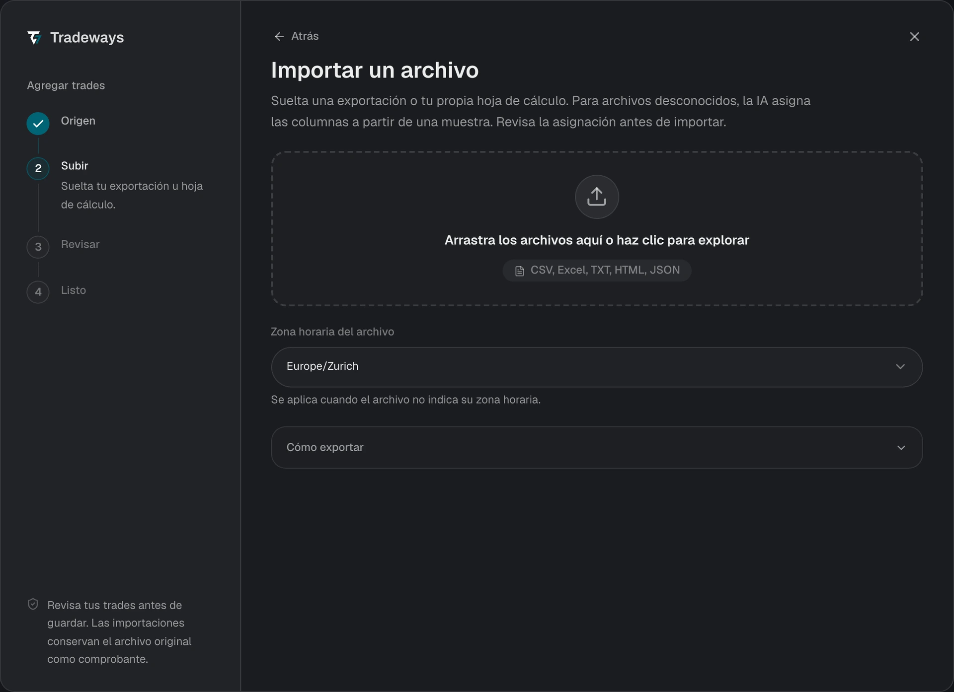 Paso de carga con el área para soltar el archivo, la zona horaria del archivo y las instrucciones de exportación