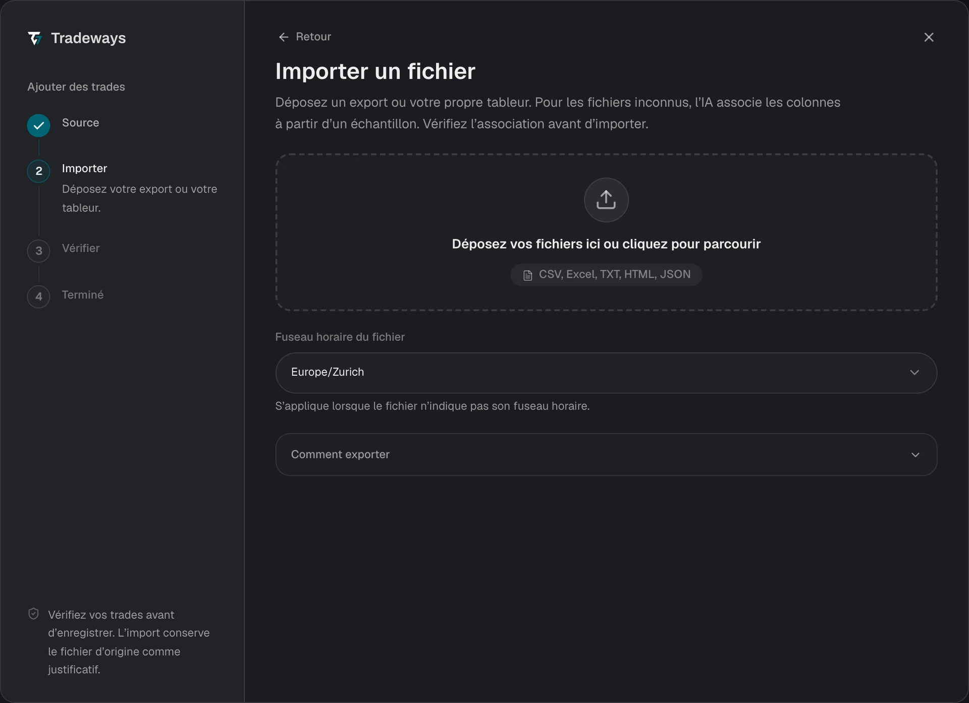 Étape d’import avec la zone de dépôt du fichier, le fuseau horaire du fichier et les instructions d’export