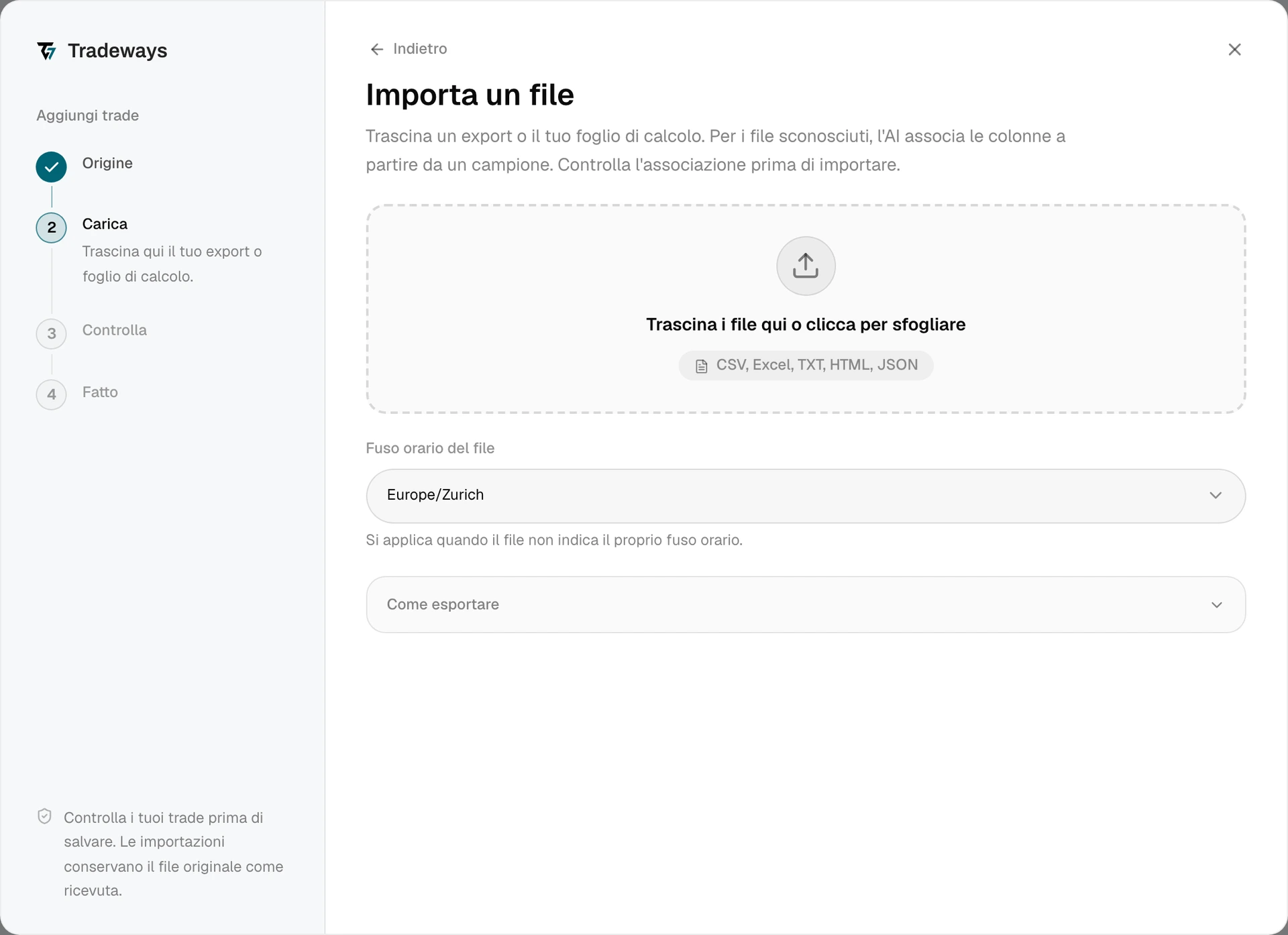 Fase di caricamento con l'area di rilascio del file, il fuso orario del file e le istruzioni di esportazione