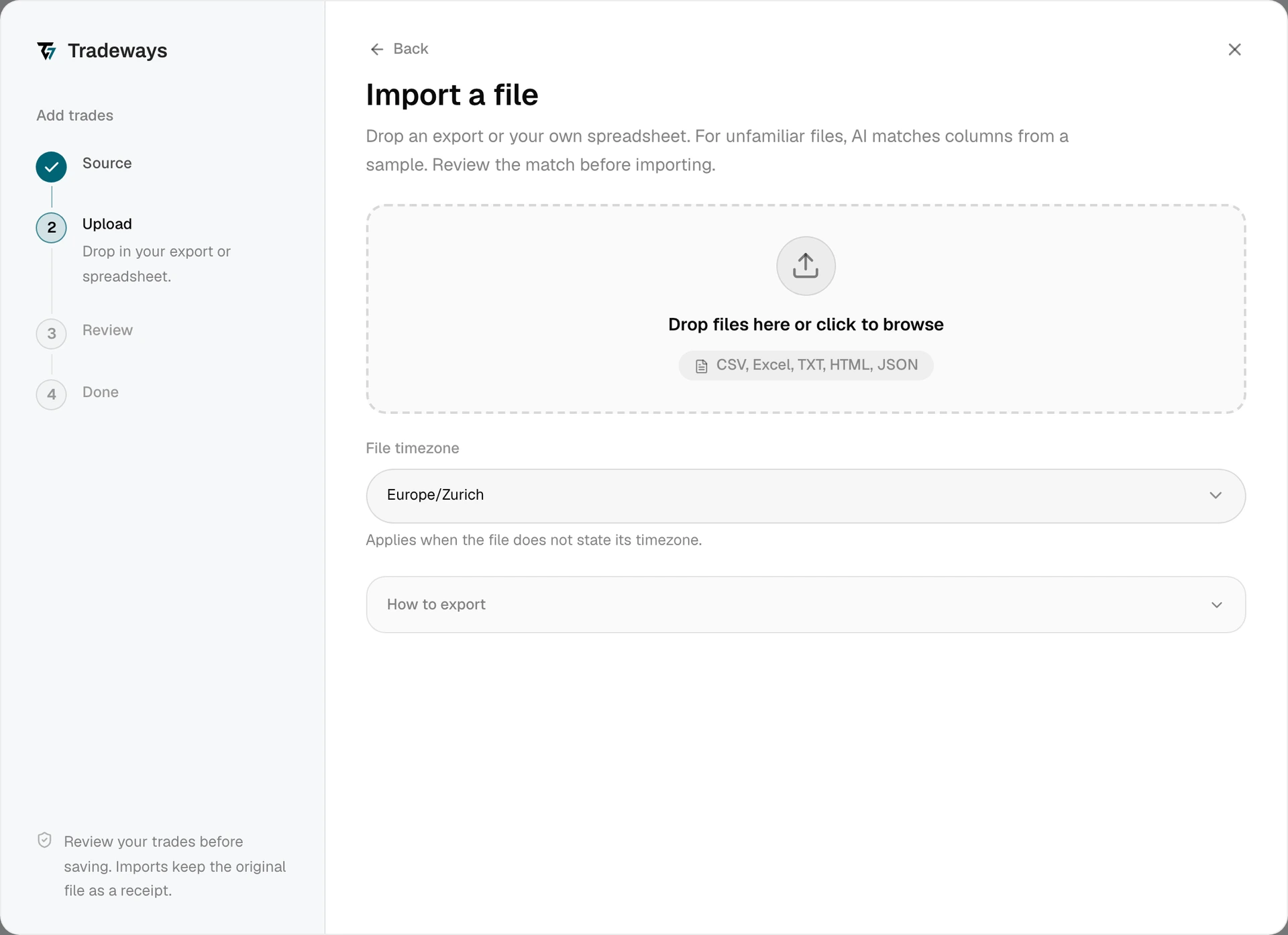 Upload step with the file drop area, the file timezone, and the export instructions