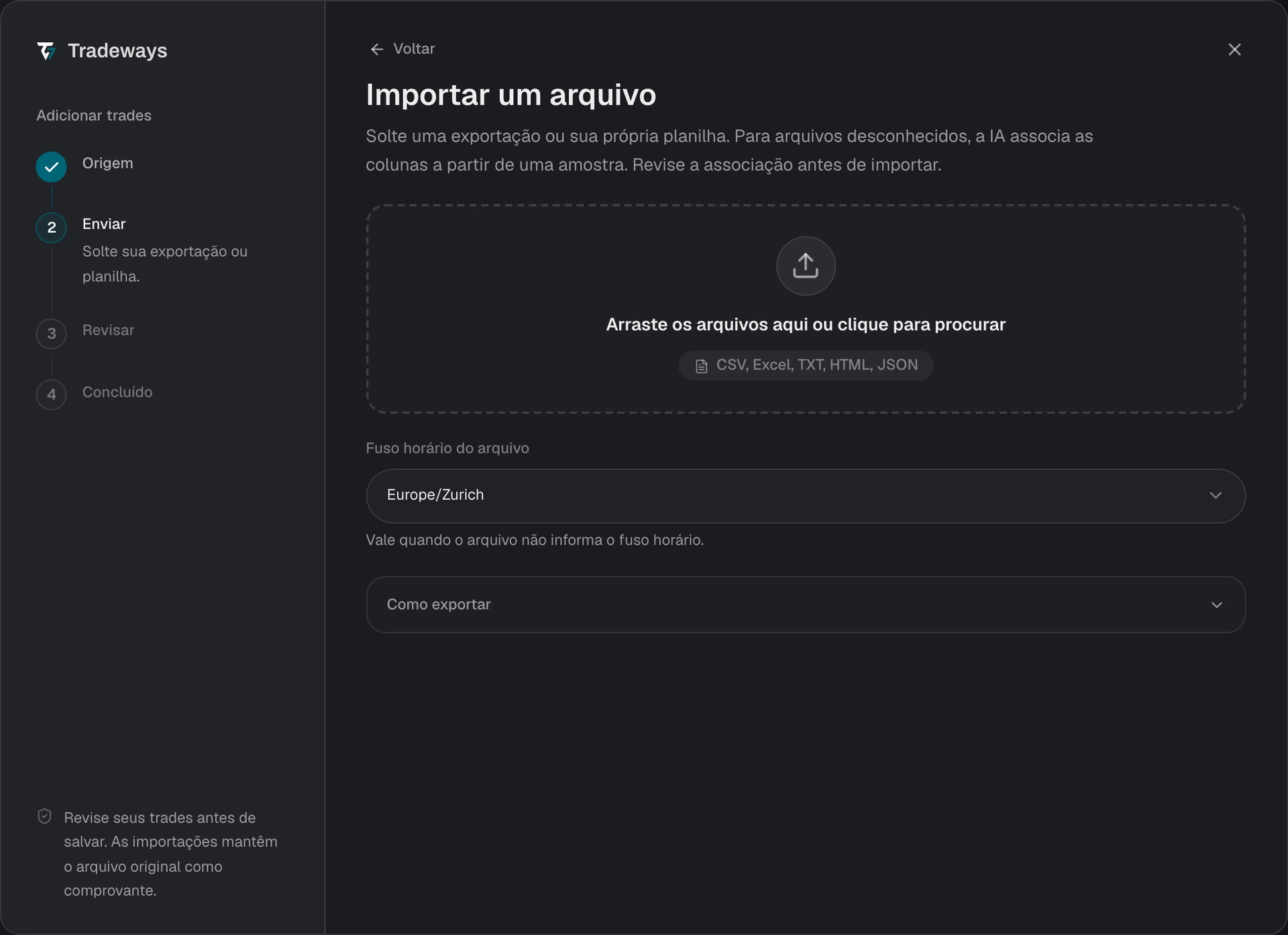 Etapa de envio com a área para soltar o arquivo, o fuso horário do arquivo e as instruções de exportação