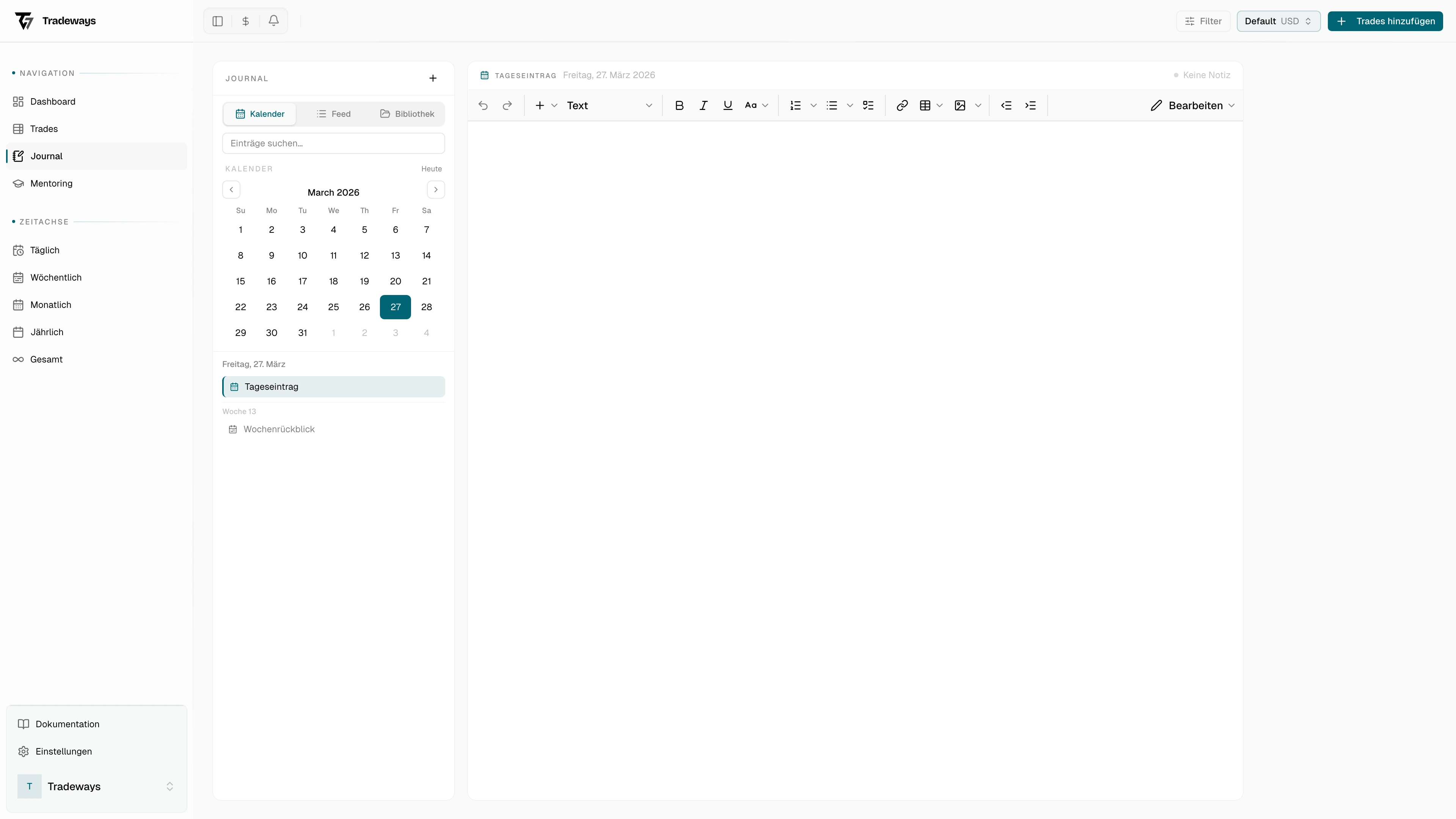 Journal Erstellen-Menü mit Eintragstyp-Optionen