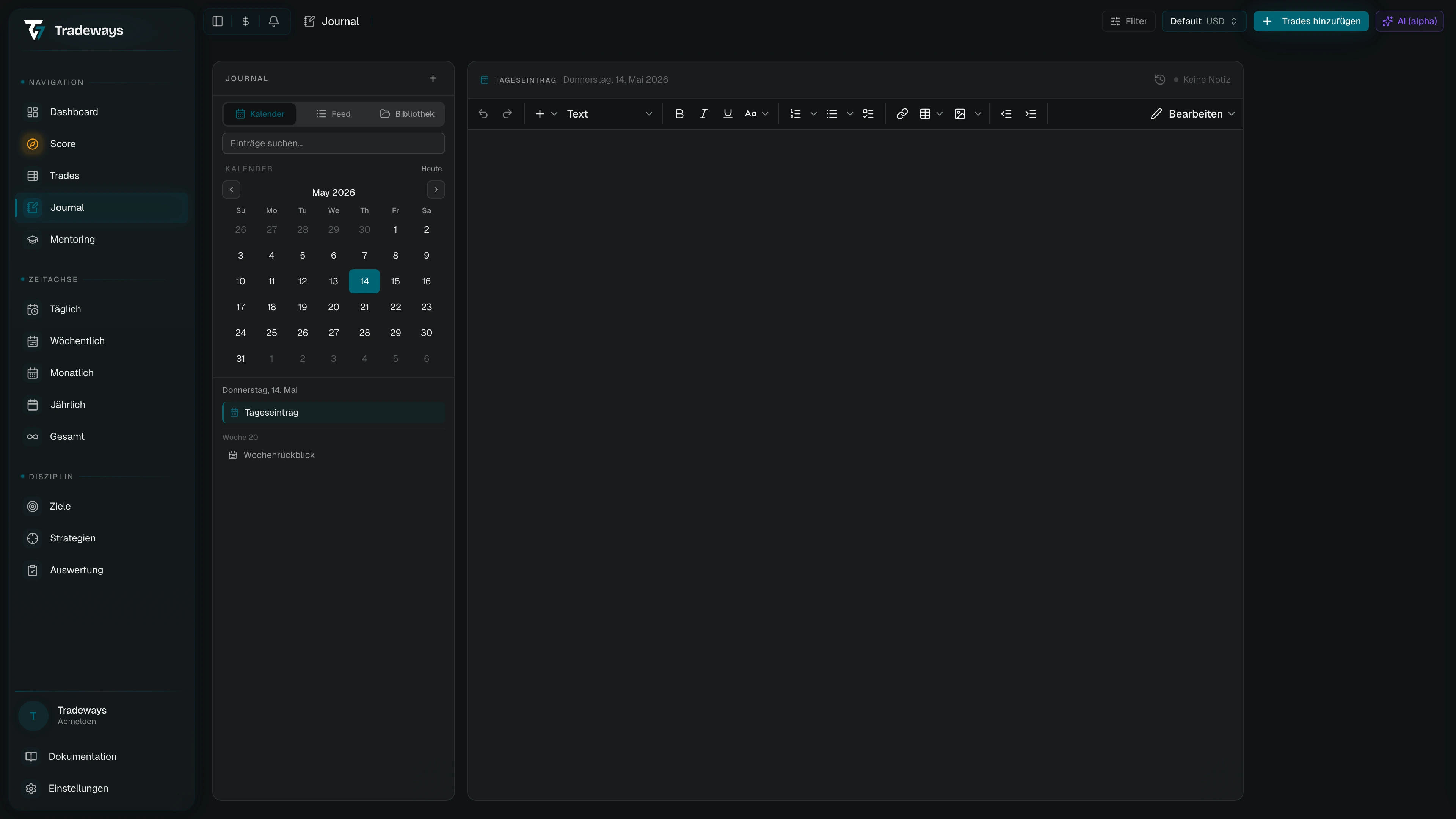 Notizbuch-Editor mit Formatierungs-Toolbar und Status-Leiste