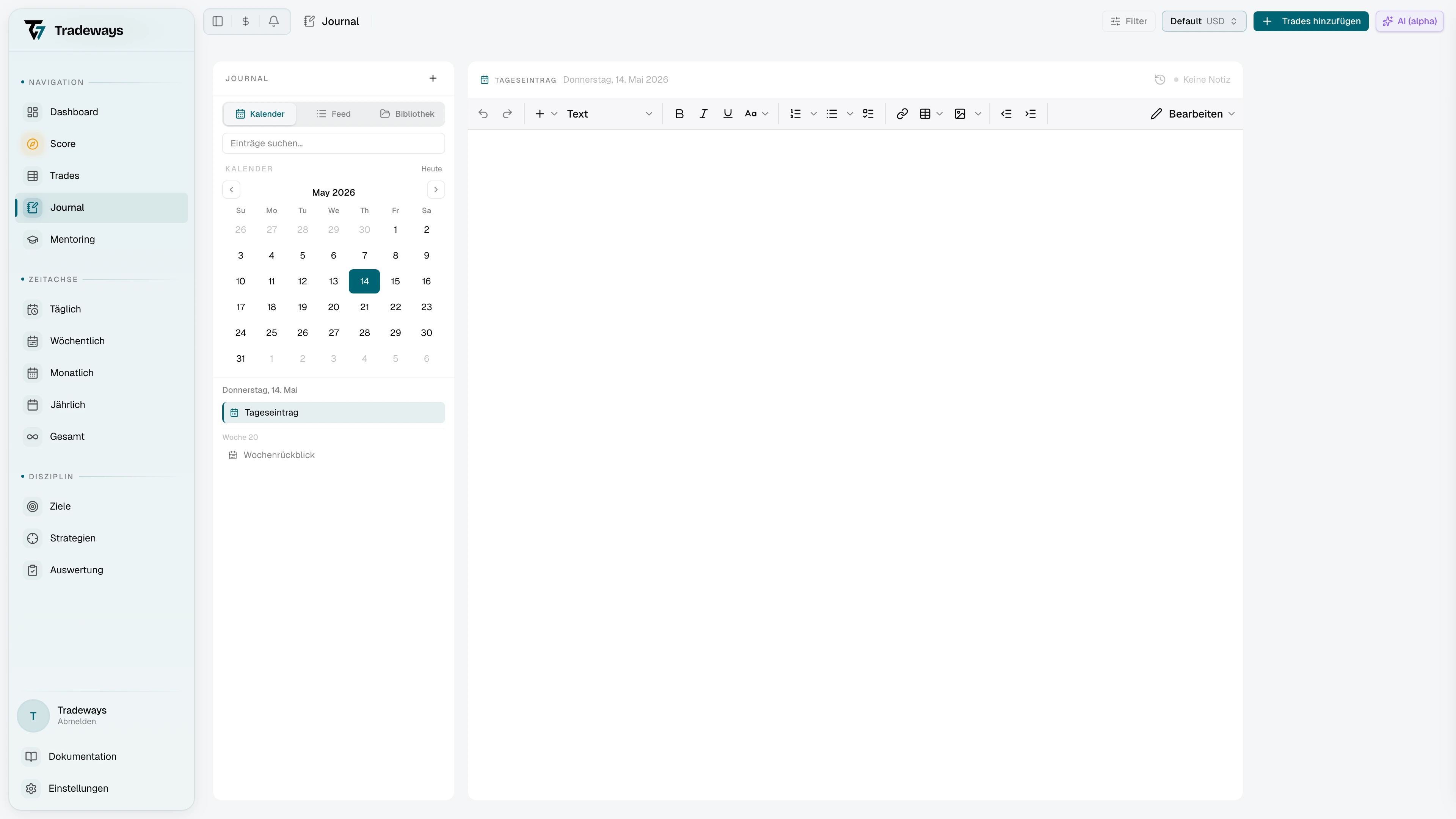 Notizbuch-Editor mit Formatierungs-Toolbar und Status-Leiste
