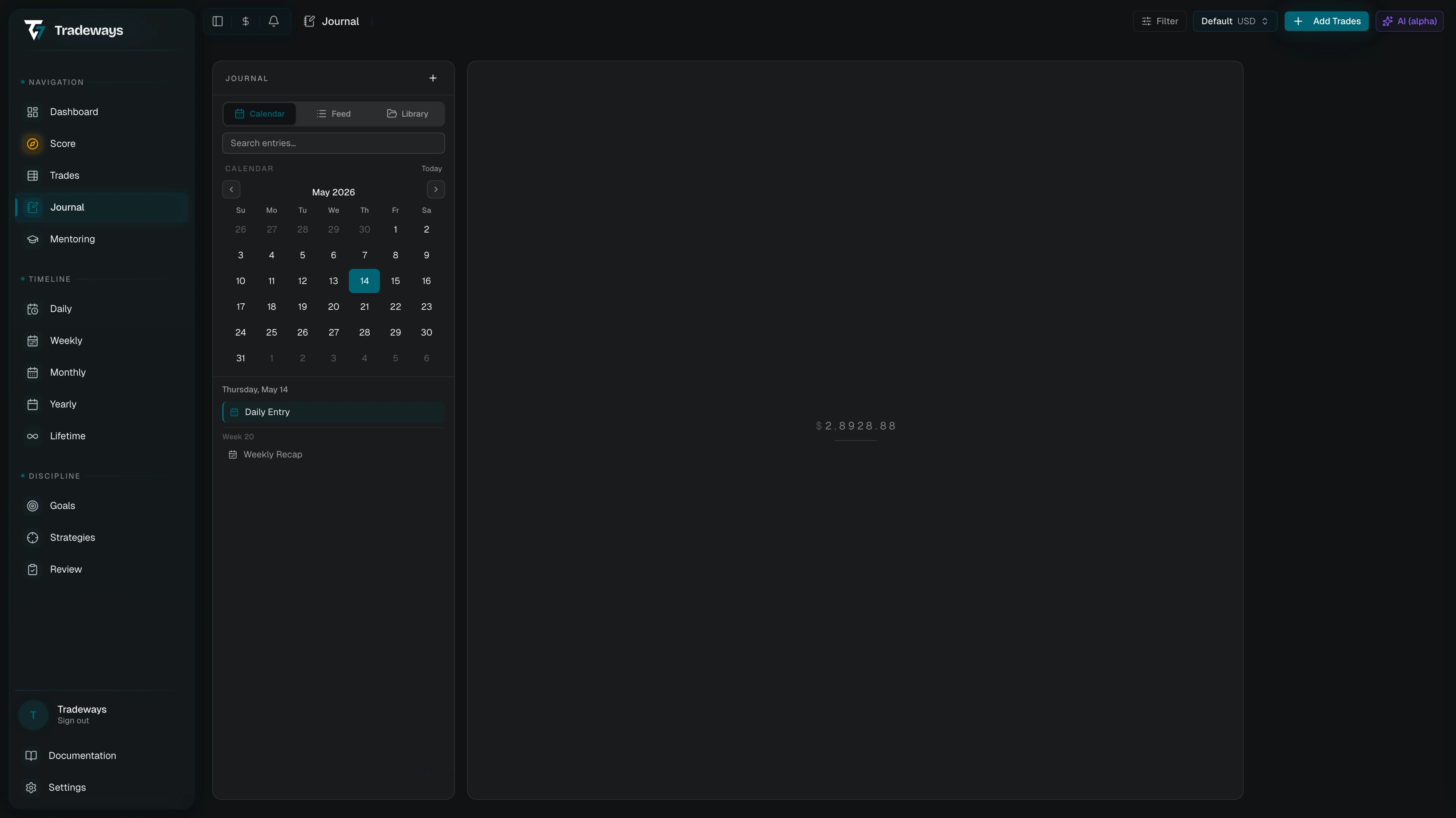 Journal page with sidebar view switcher and notebook editor