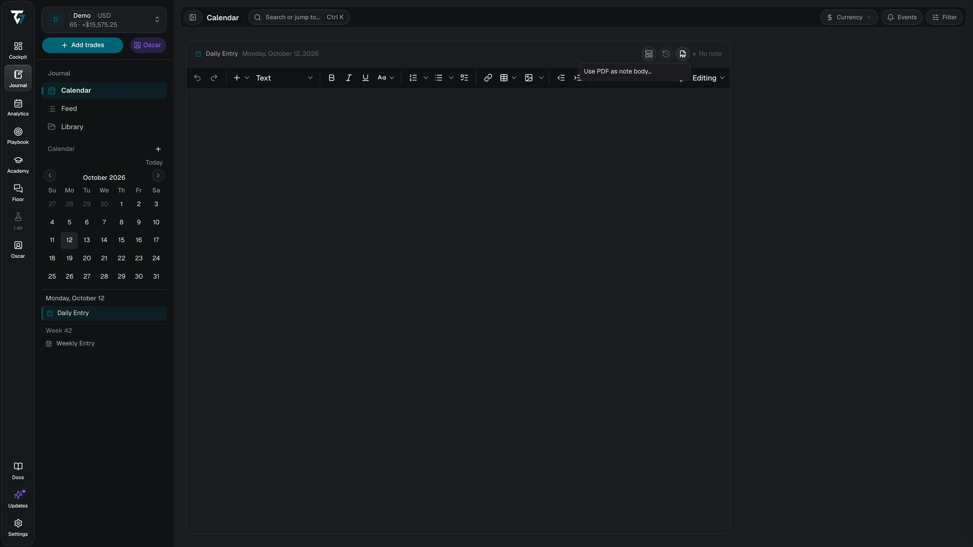 Journal editor document menu for using a PDF as the note body
