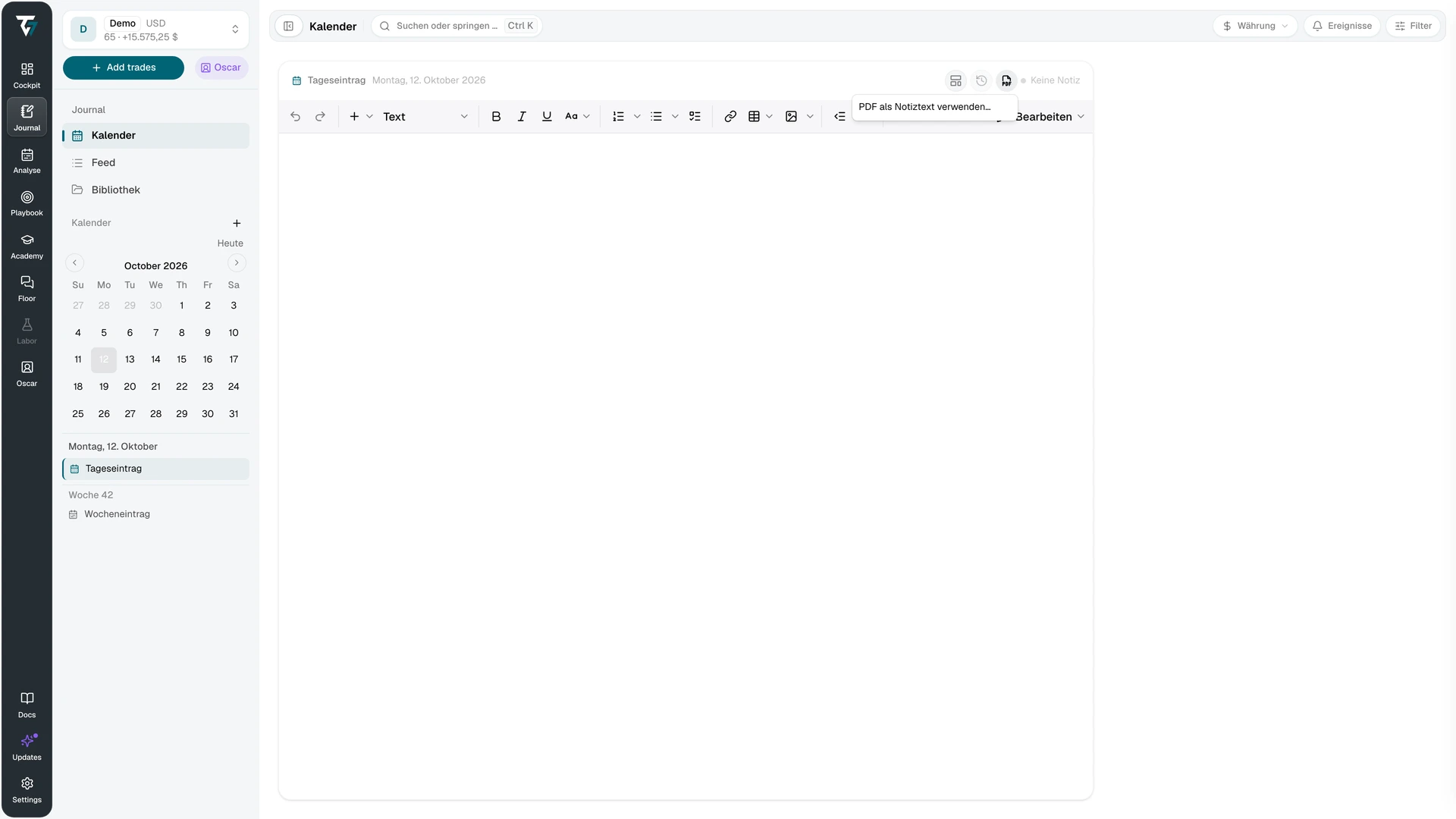 Dokumentmenü des Journal-Editors zur Verwendung eines PDFs als Notizinhalt