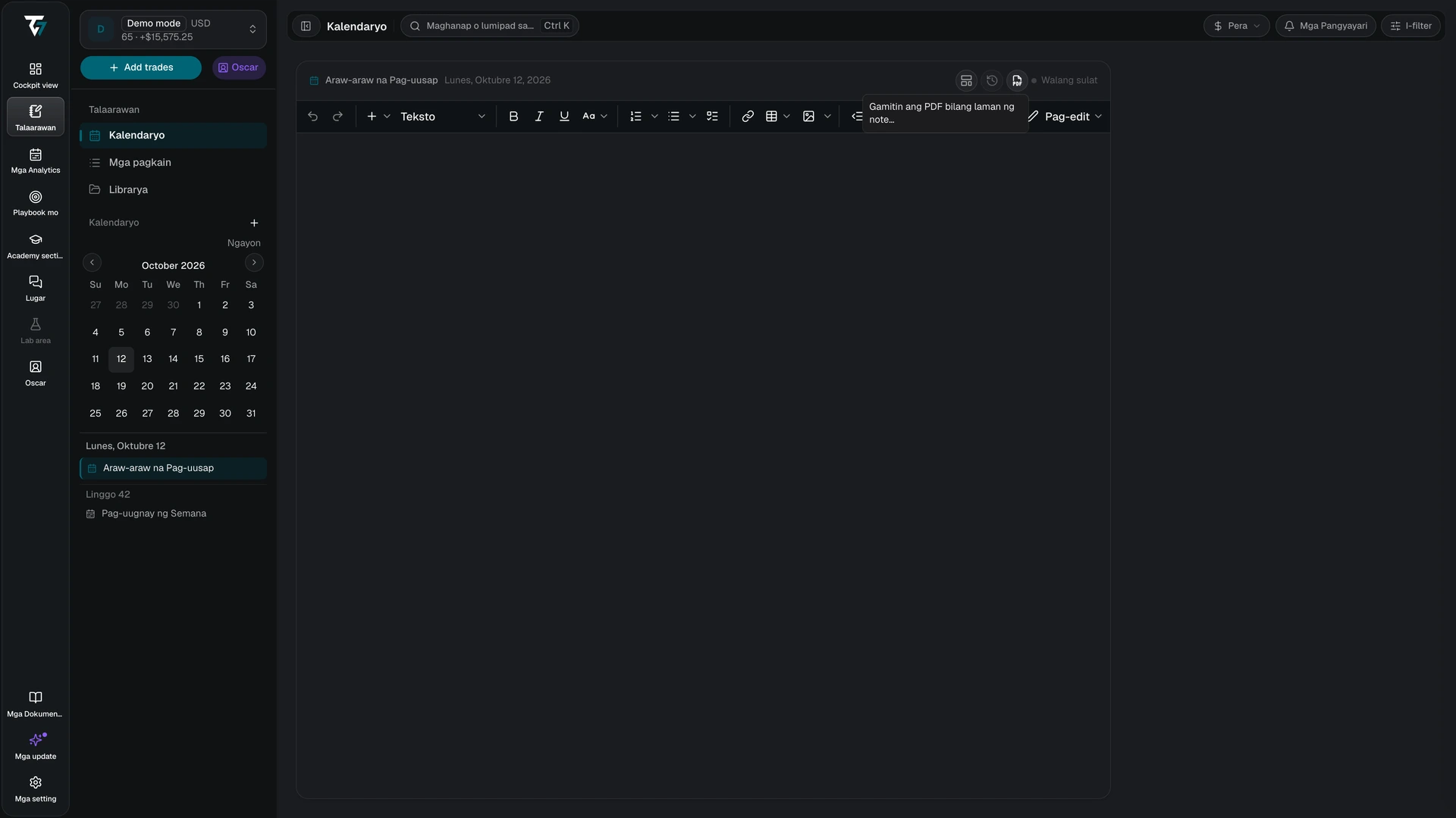 Document menu ng Journal editor para gumamit ng PDF bilang body ng note