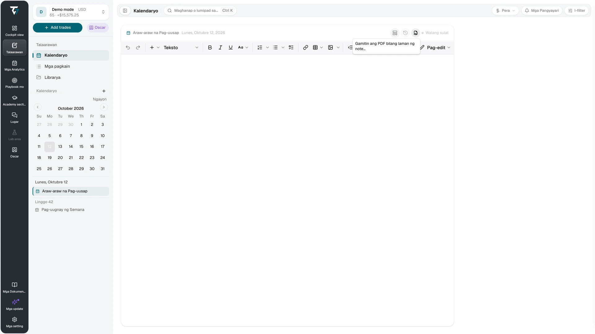 Document menu ng Journal editor para gumamit ng PDF bilang body ng note