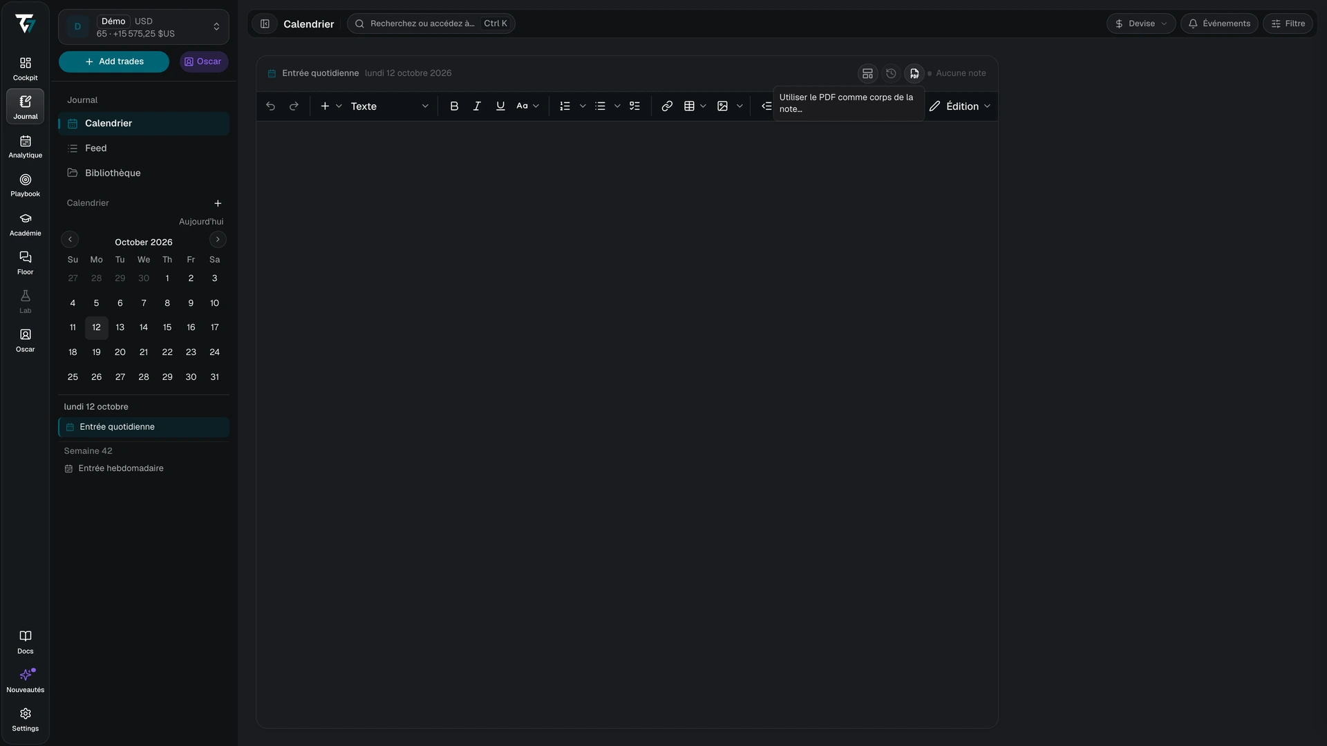 Menu de document de l’éditeur du Journal permettant d’utiliser un PDF comme contenu de la note