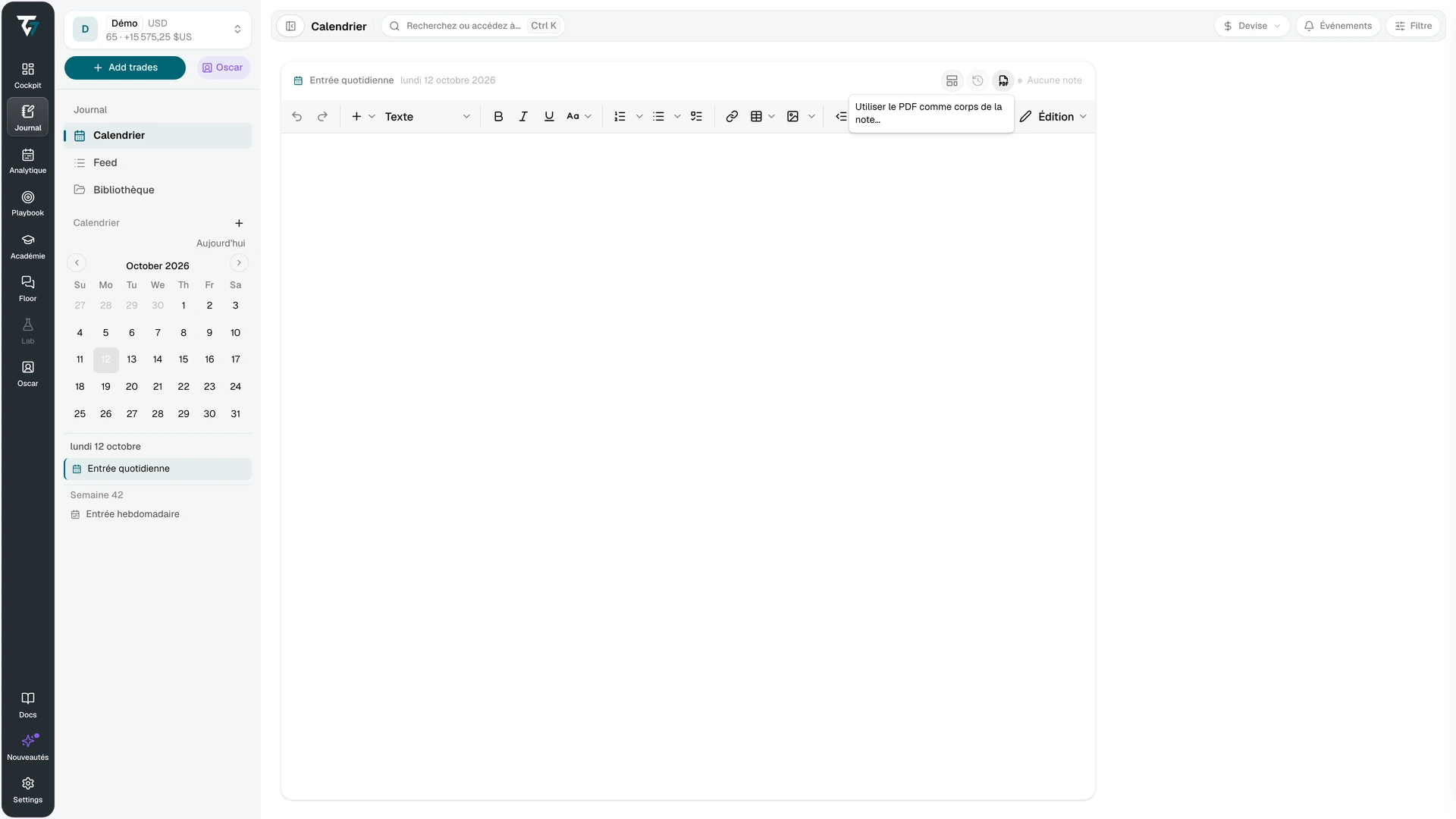 Menu de document de l’éditeur du Journal permettant d’utiliser un PDF comme contenu de la note