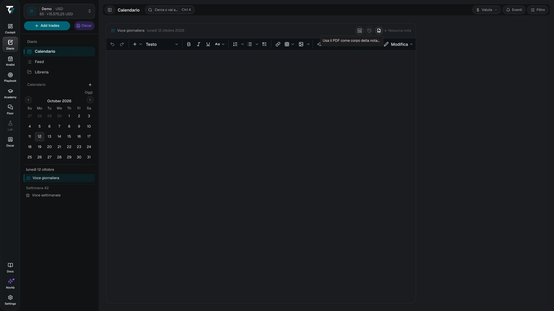 Menu dei documenti dell'editor del Diario per usare un PDF come contenuto della nota