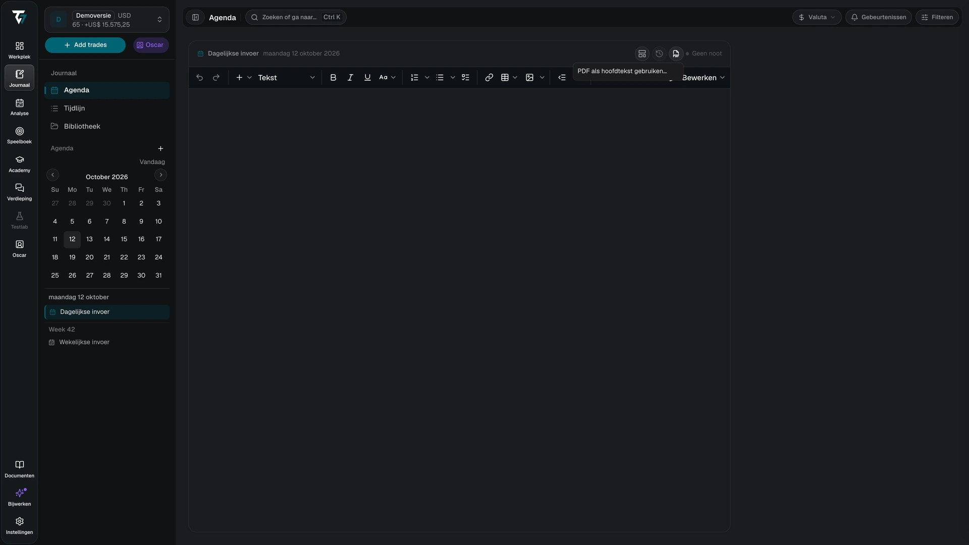 Documentmenu in de Journaaleditor om een PDF als hoofdtekst van de notitie te gebruiken