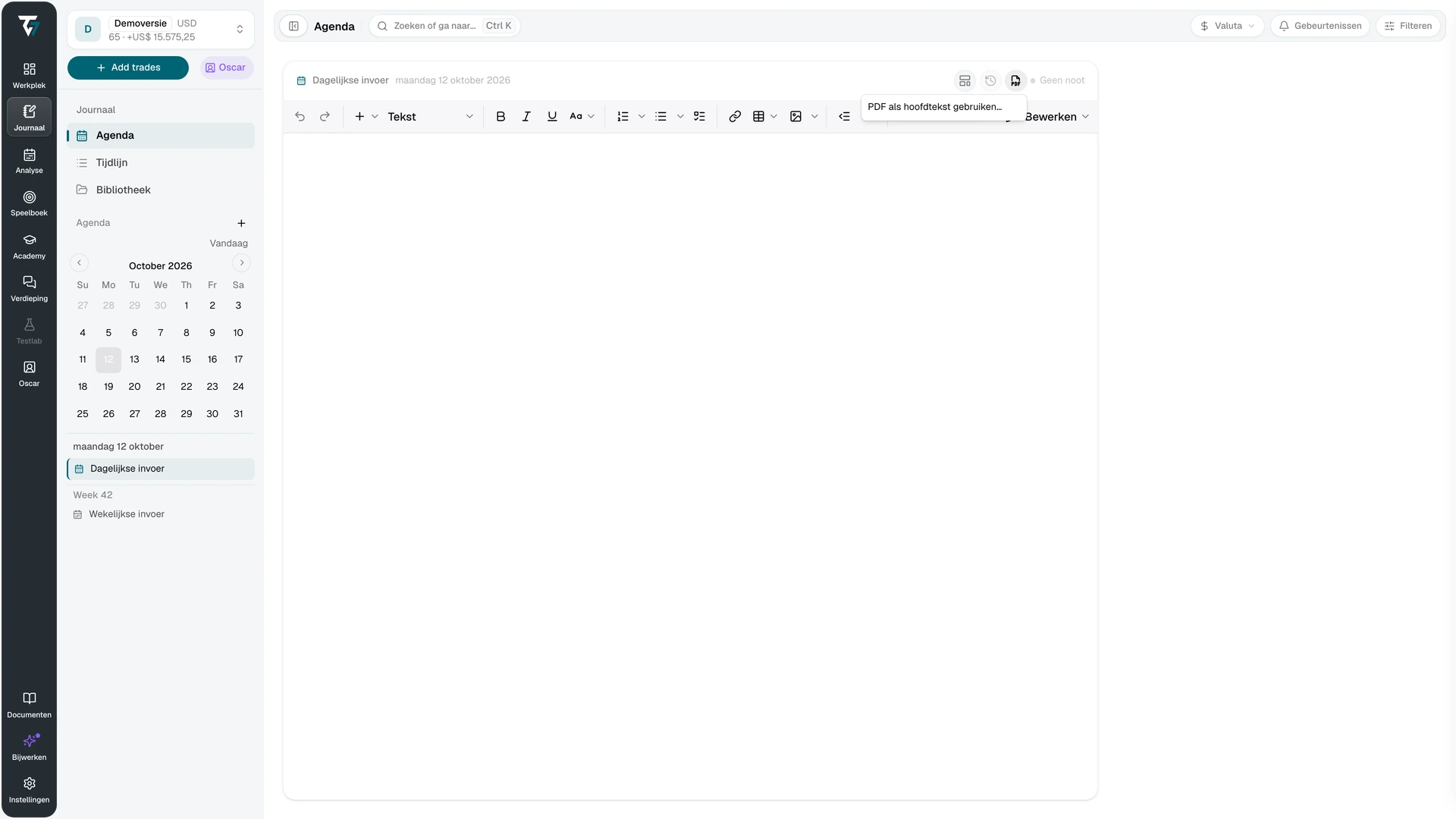 Documentmenu in de Journaaleditor om een PDF als hoofdtekst van de notitie te gebruiken