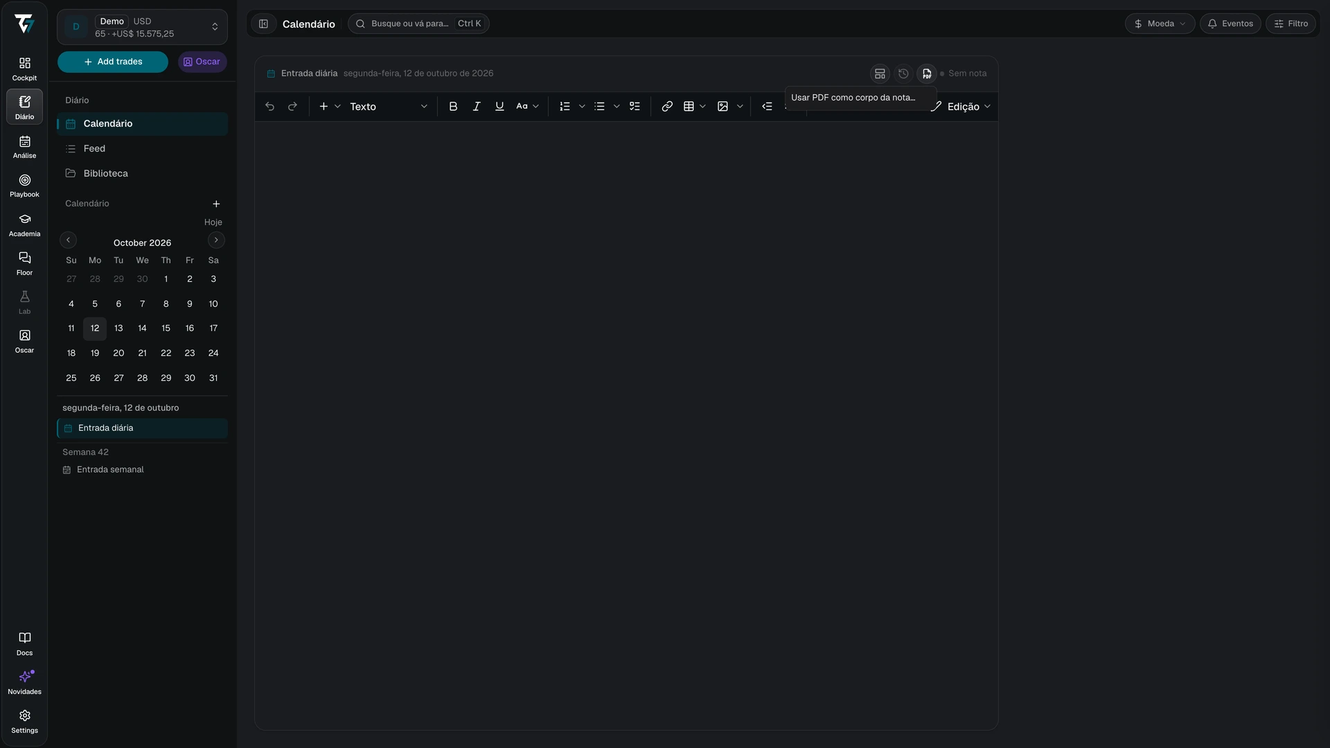 Menu de documentos do editor do Diário para usar um PDF como corpo da nota