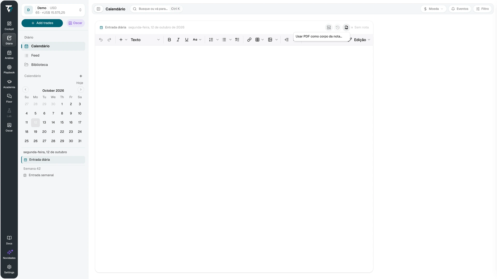 Menu de documentos do editor do Diário para usar um PDF como corpo da nota