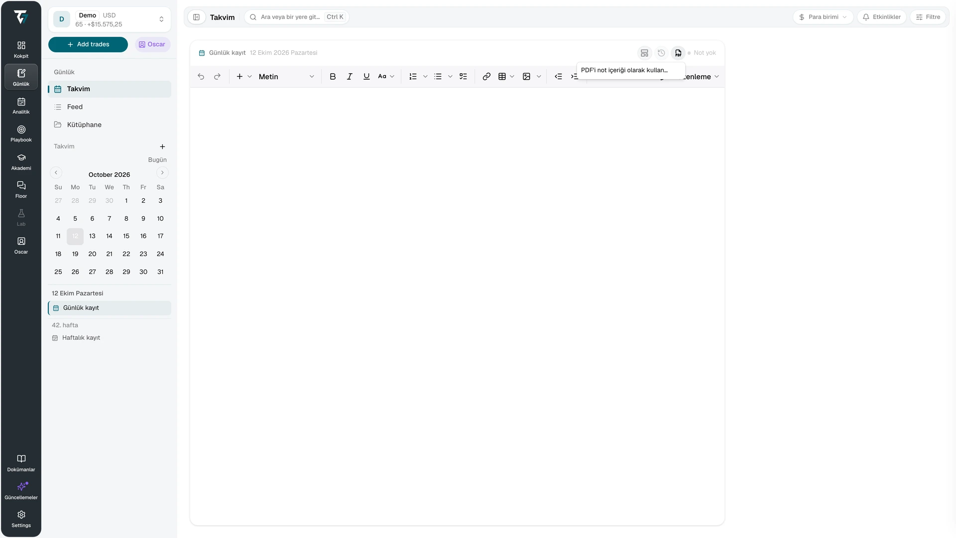 Not gövdesinde PDF kullanmak için Günlük editöründeki belge menüsü