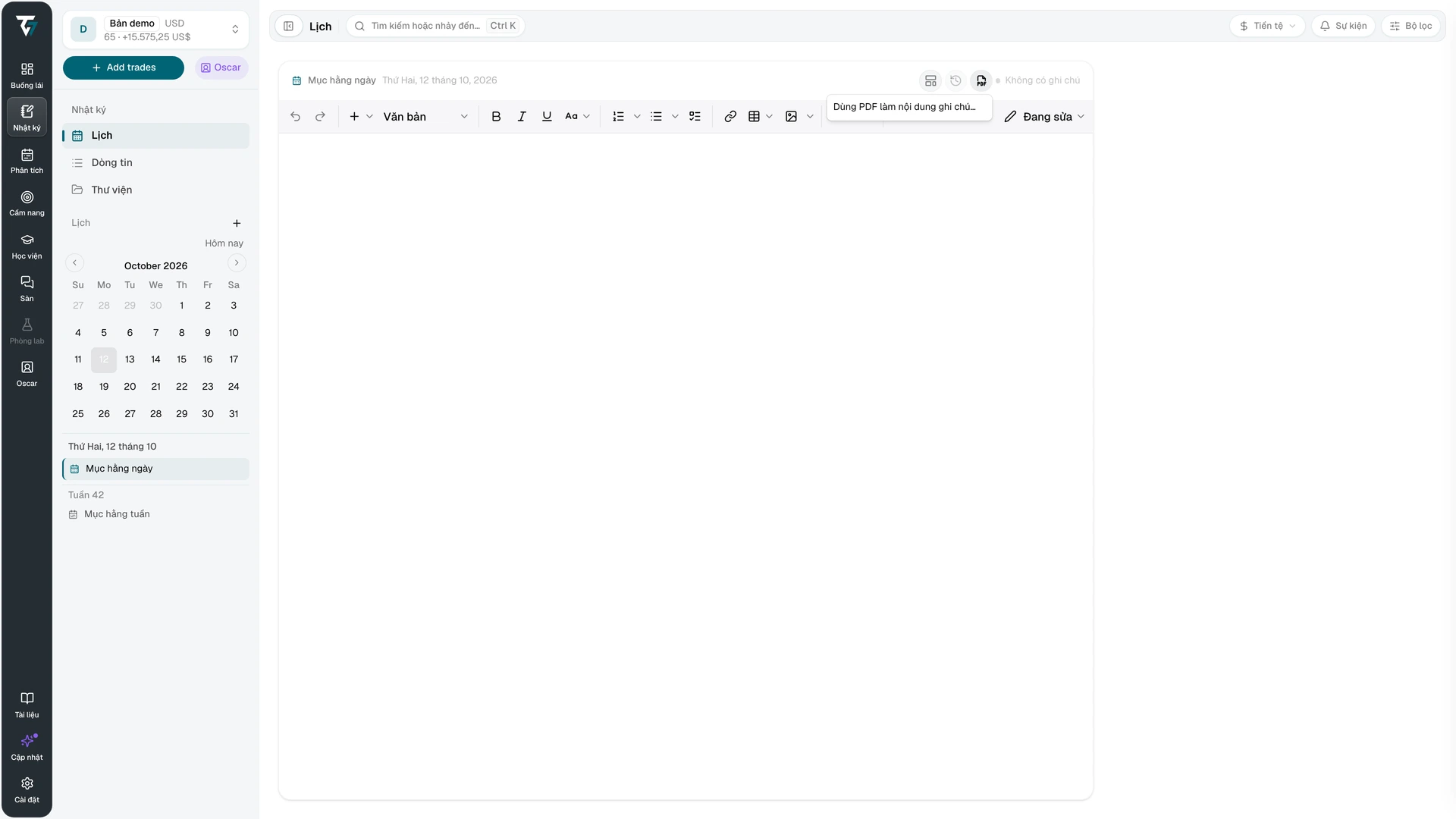 Menu tài liệu trong trình soạn thảo Nhật ký để dùng PDF làm nội dung ghi chú
