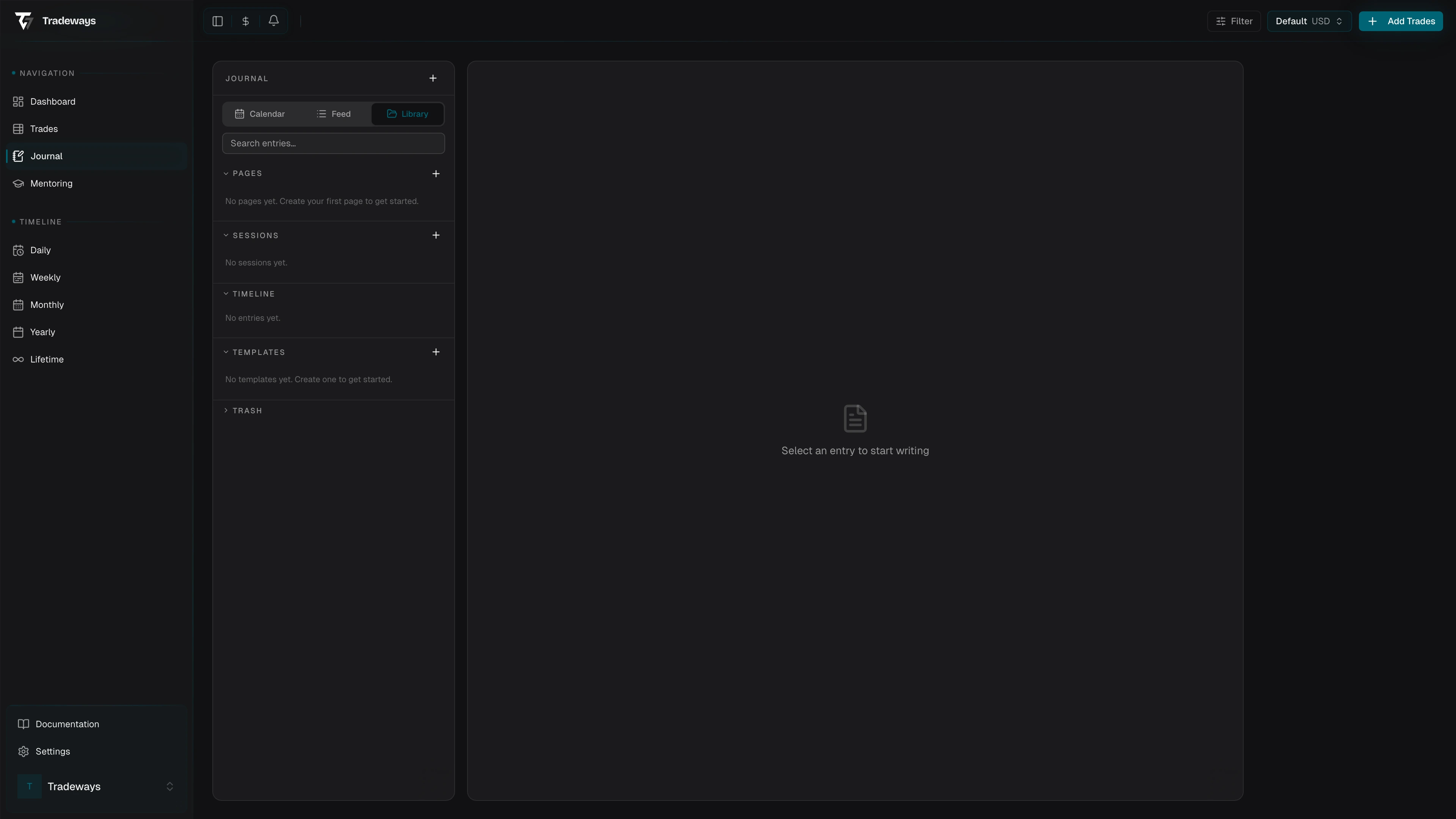 Journal library view showing trashed items