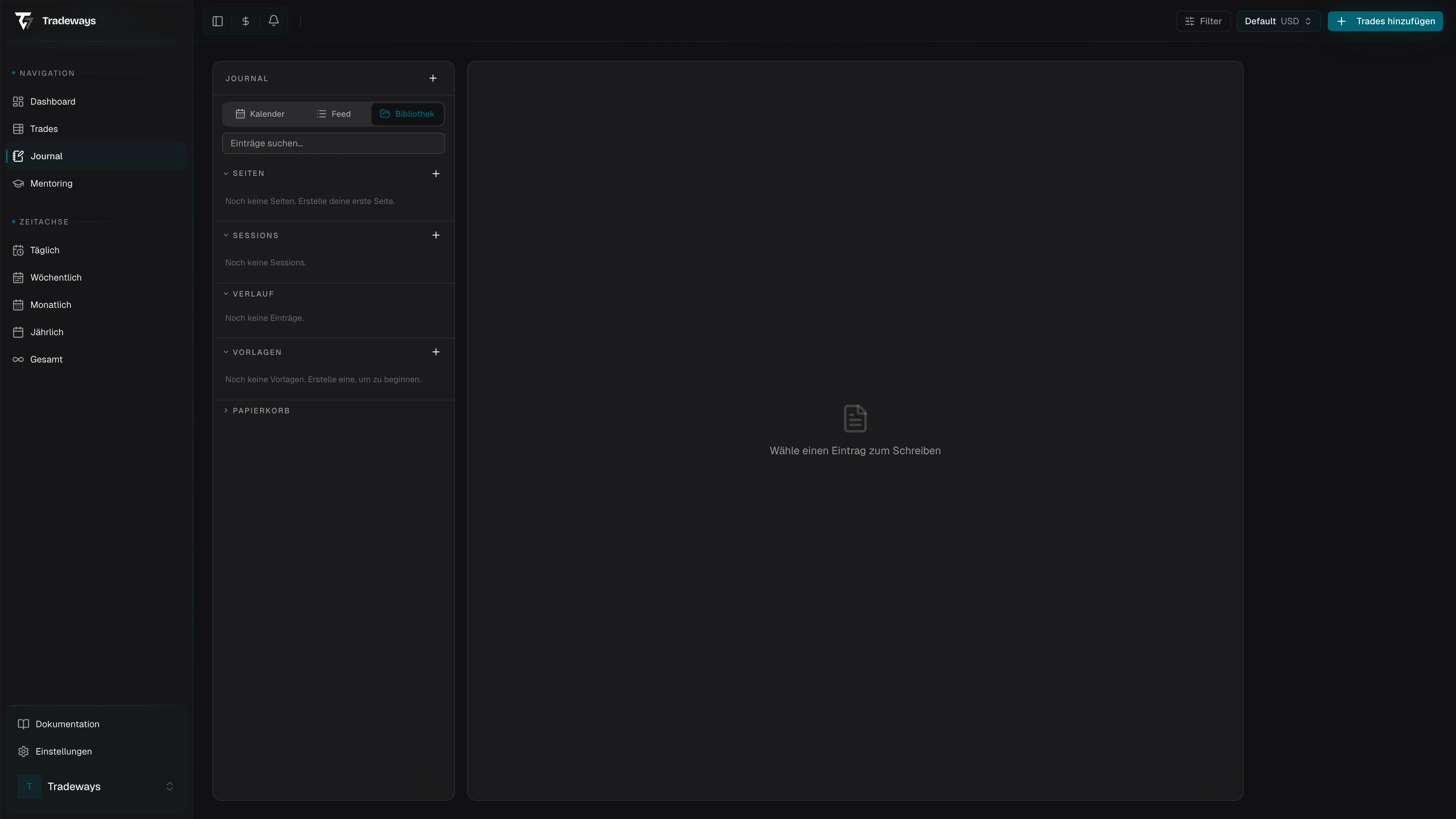Journal-Bibliotheksansicht mit gelöschten Elementen