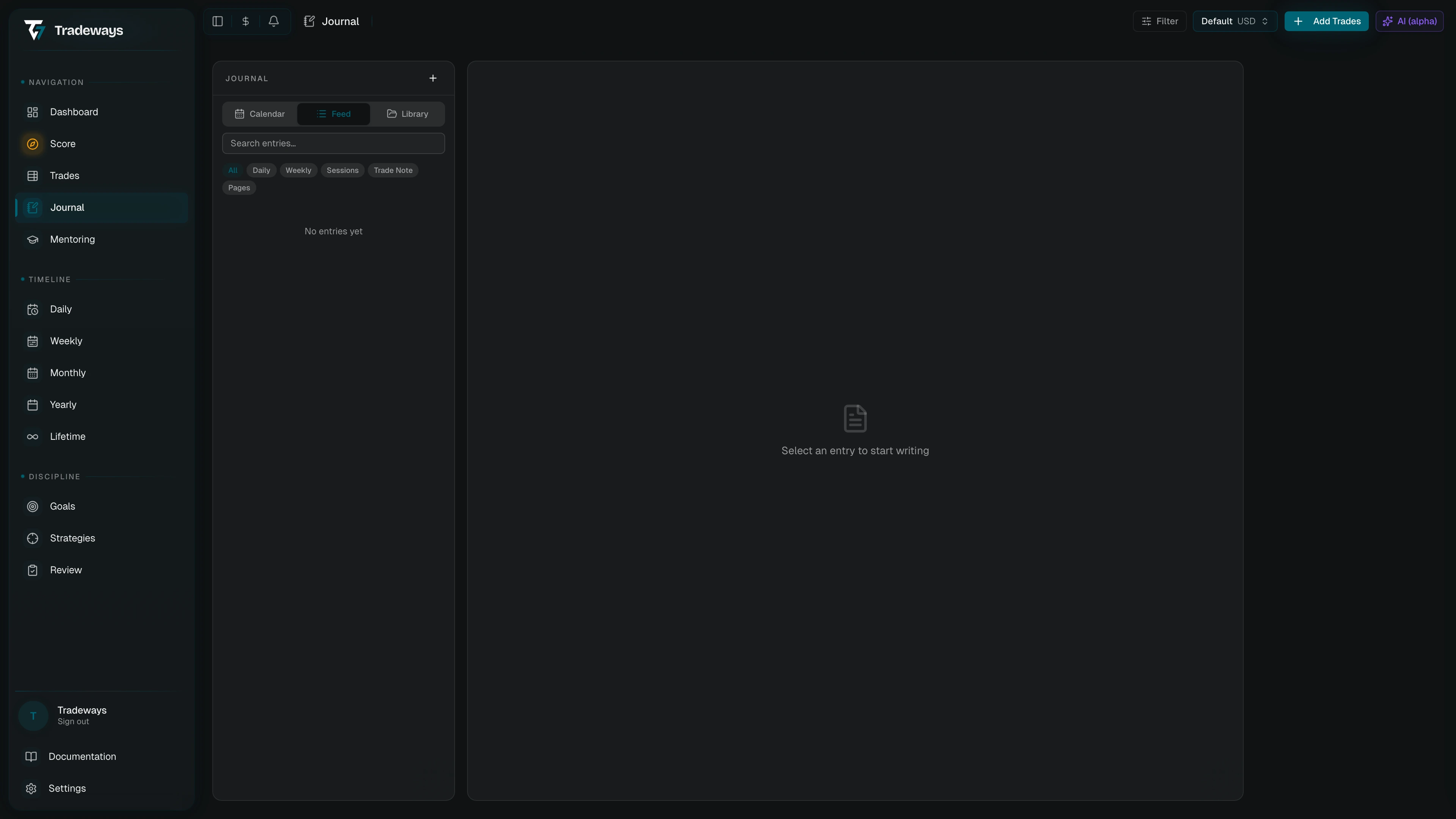 Sidebar view switcher with Calendar, Feed, and Library tabs