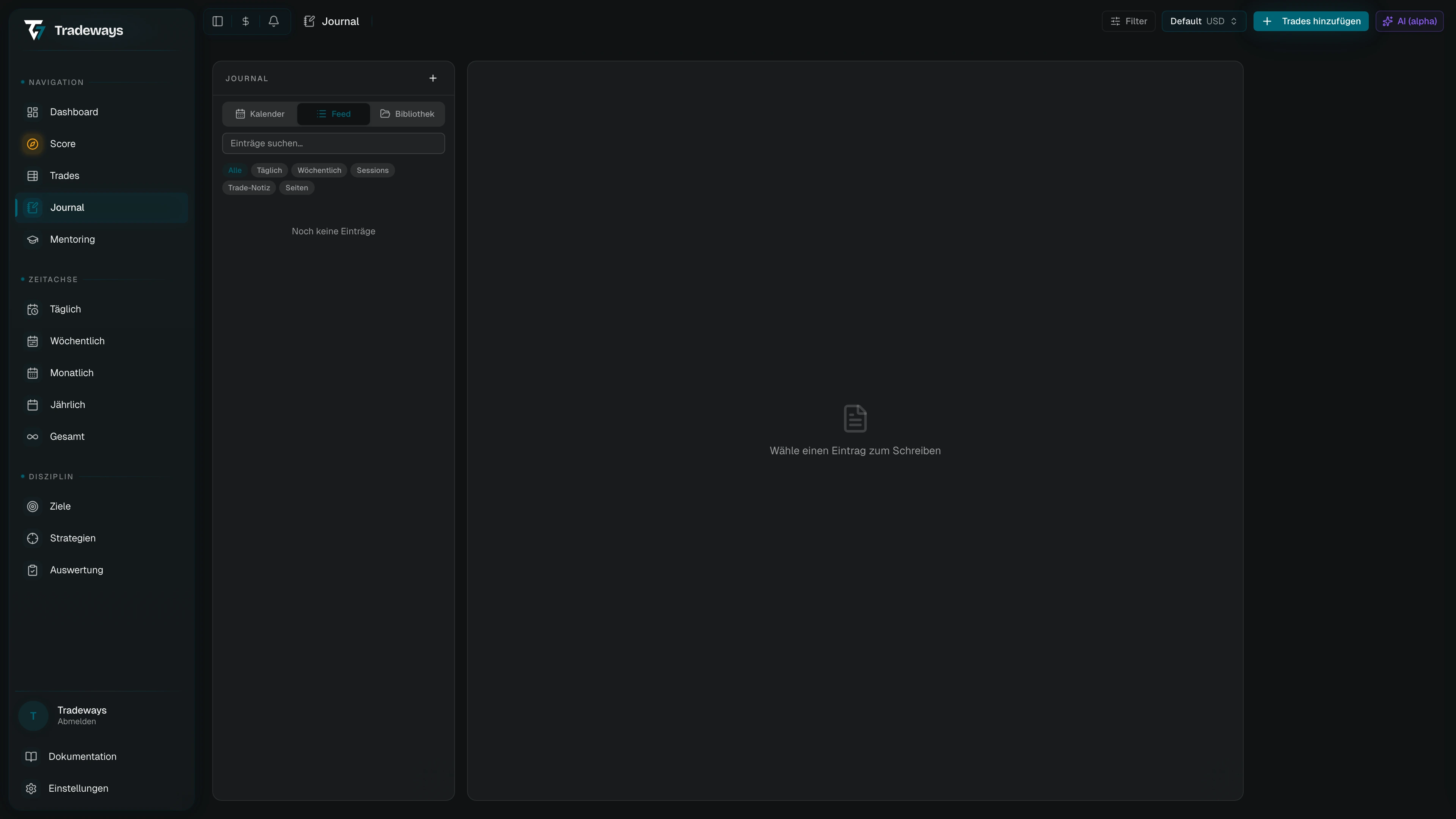 Sidebar-Umschalter mit Kalender-, Feed- und Library-Tabs