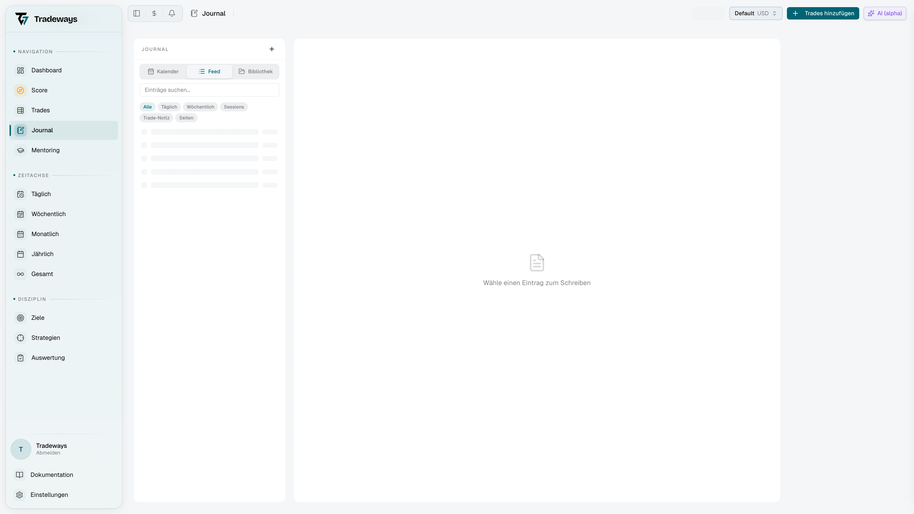 Sidebar-Umschalter mit Kalender-, Feed- und Library-Tabs