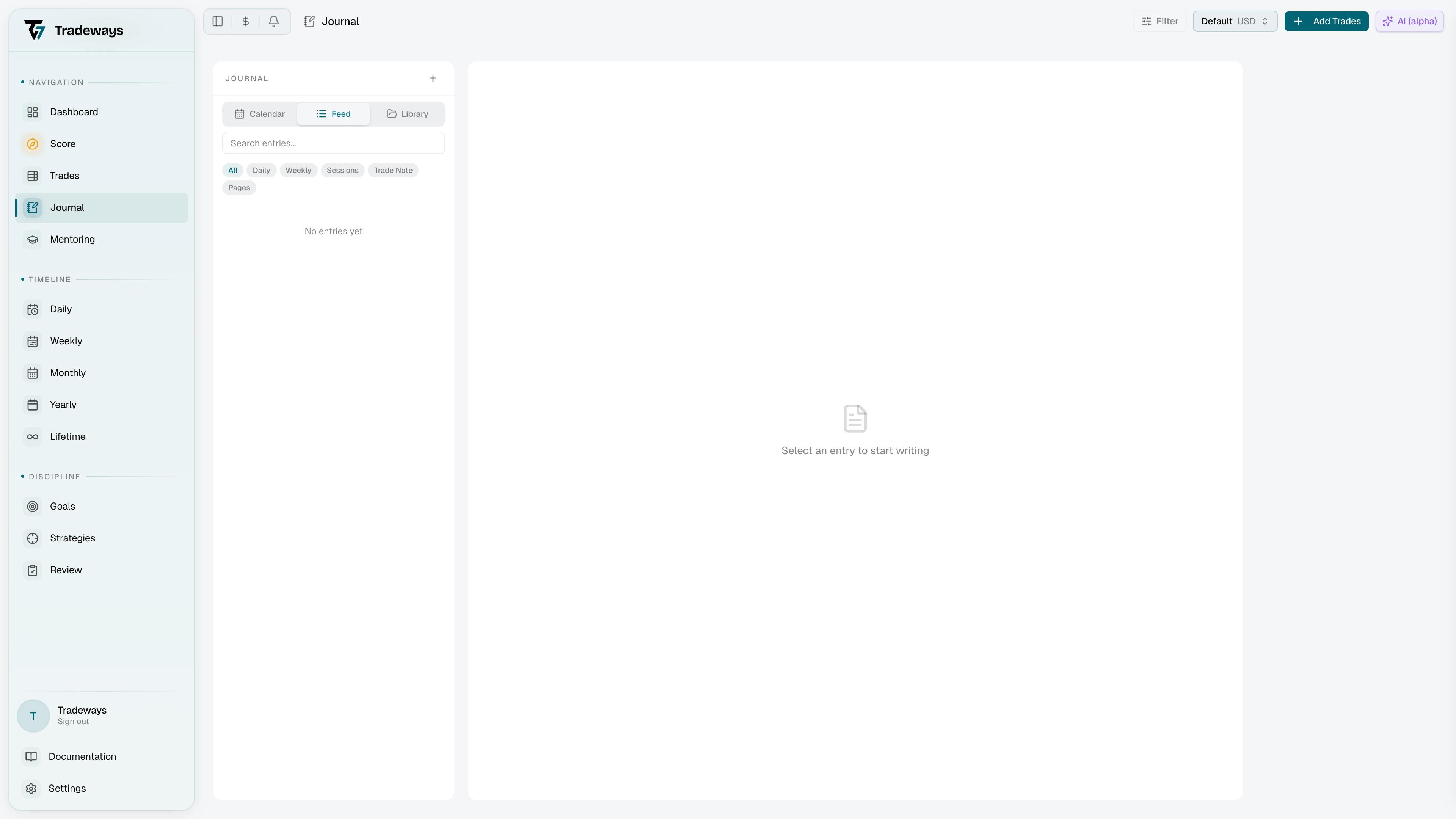 Sidebar view switcher with Calendar, Feed, and Library tabs