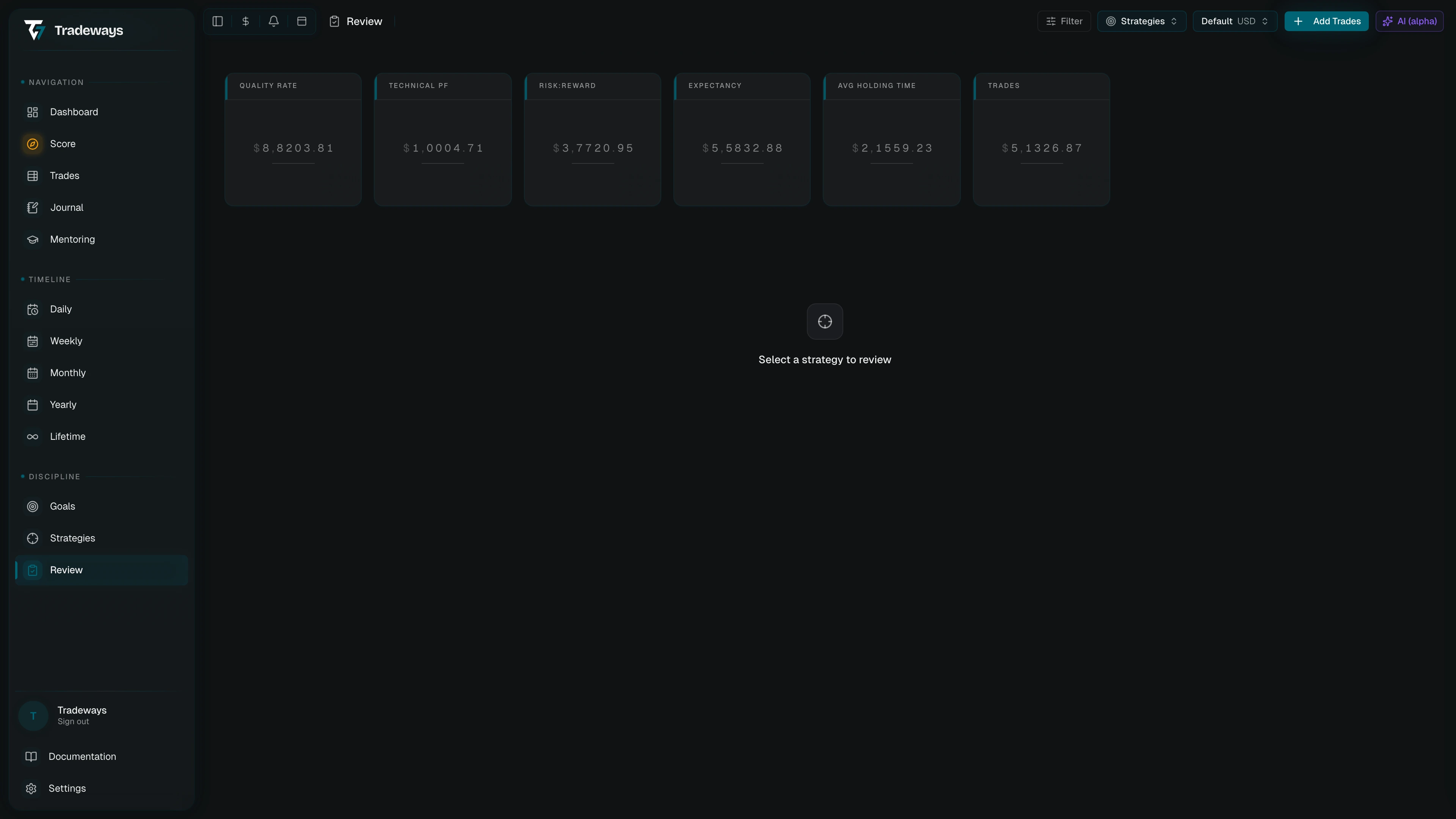 Local filter chips above the trade log with status, side, and result active