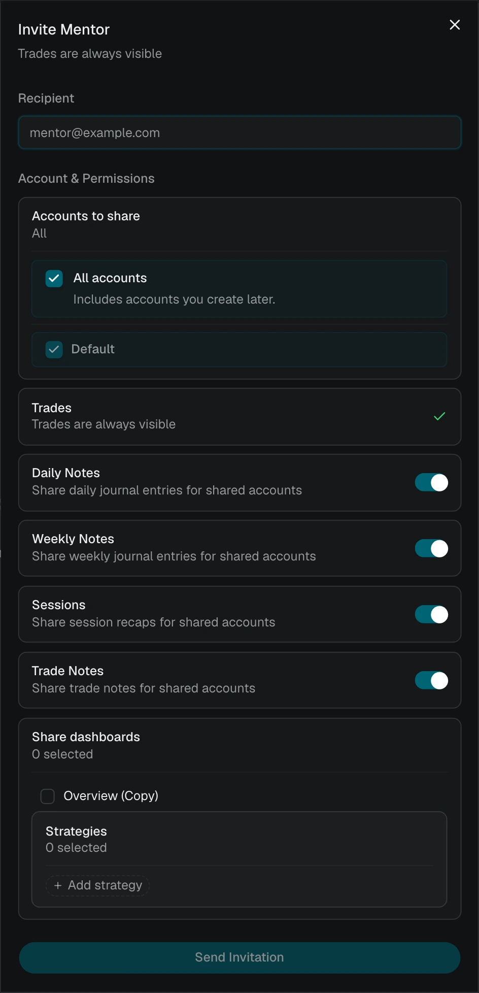 Mentor invitation with All accounts selected and current accounts listed